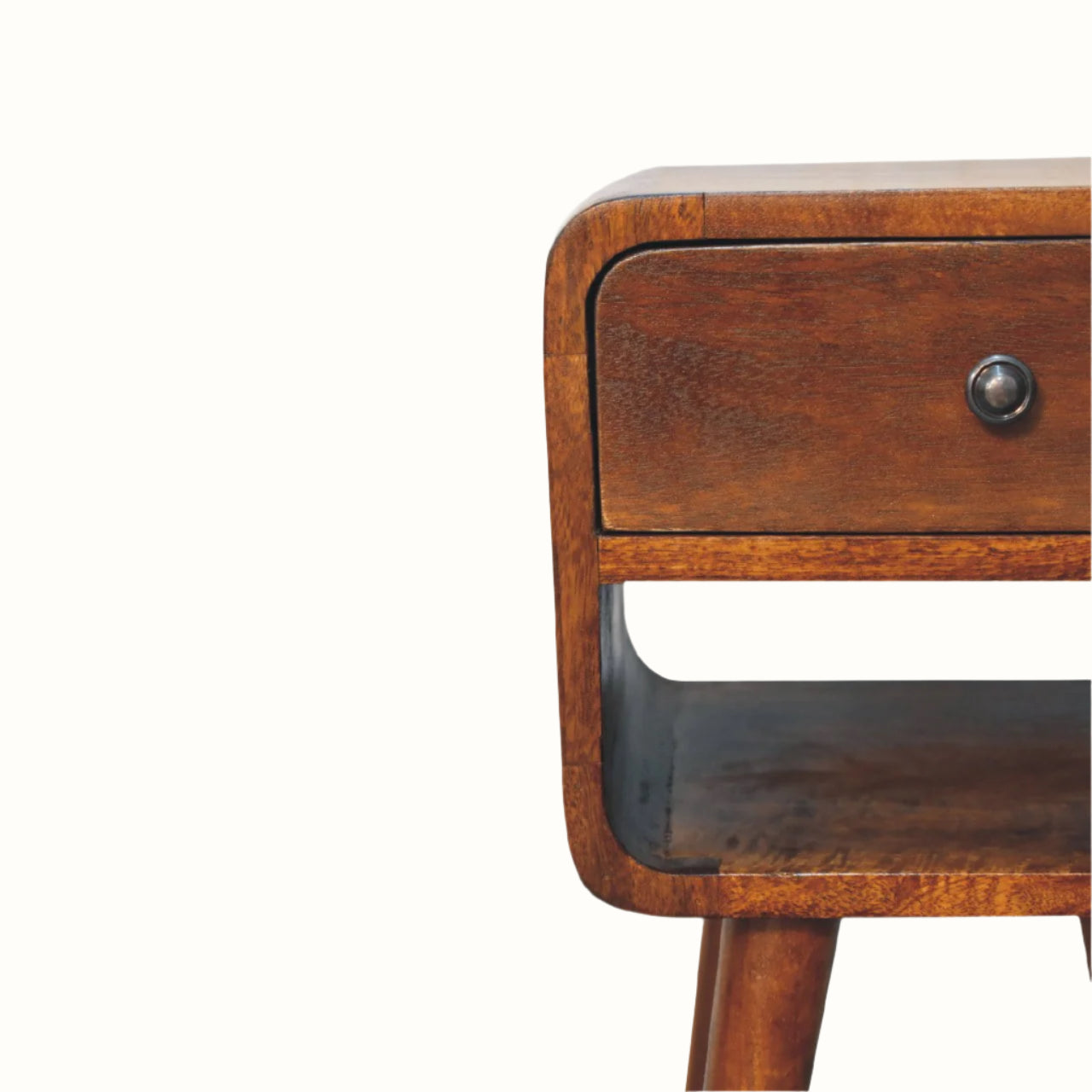 Wooden side table with a drawer and metal knob on a white background