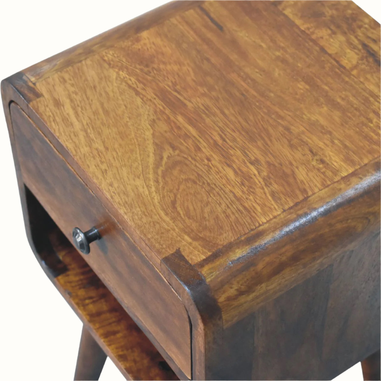 Wooden side table with a drawer on a white background