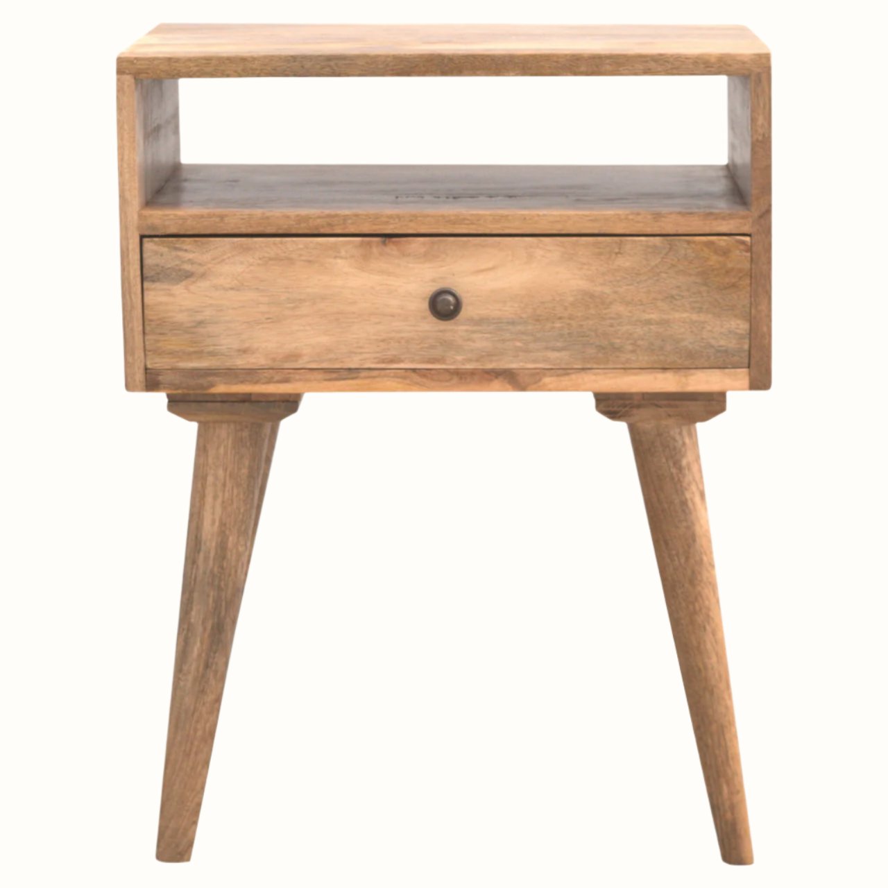 Square wooden bedside table in a light, natural finish, with one drawer, one open shelf and tapered legs.