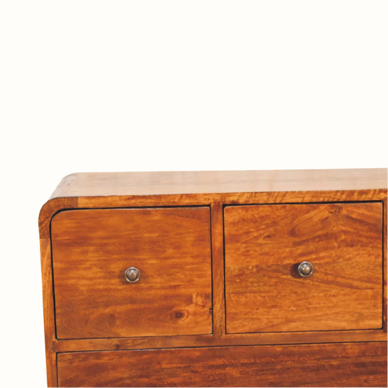 Wooden dresser with two drawers on a white background