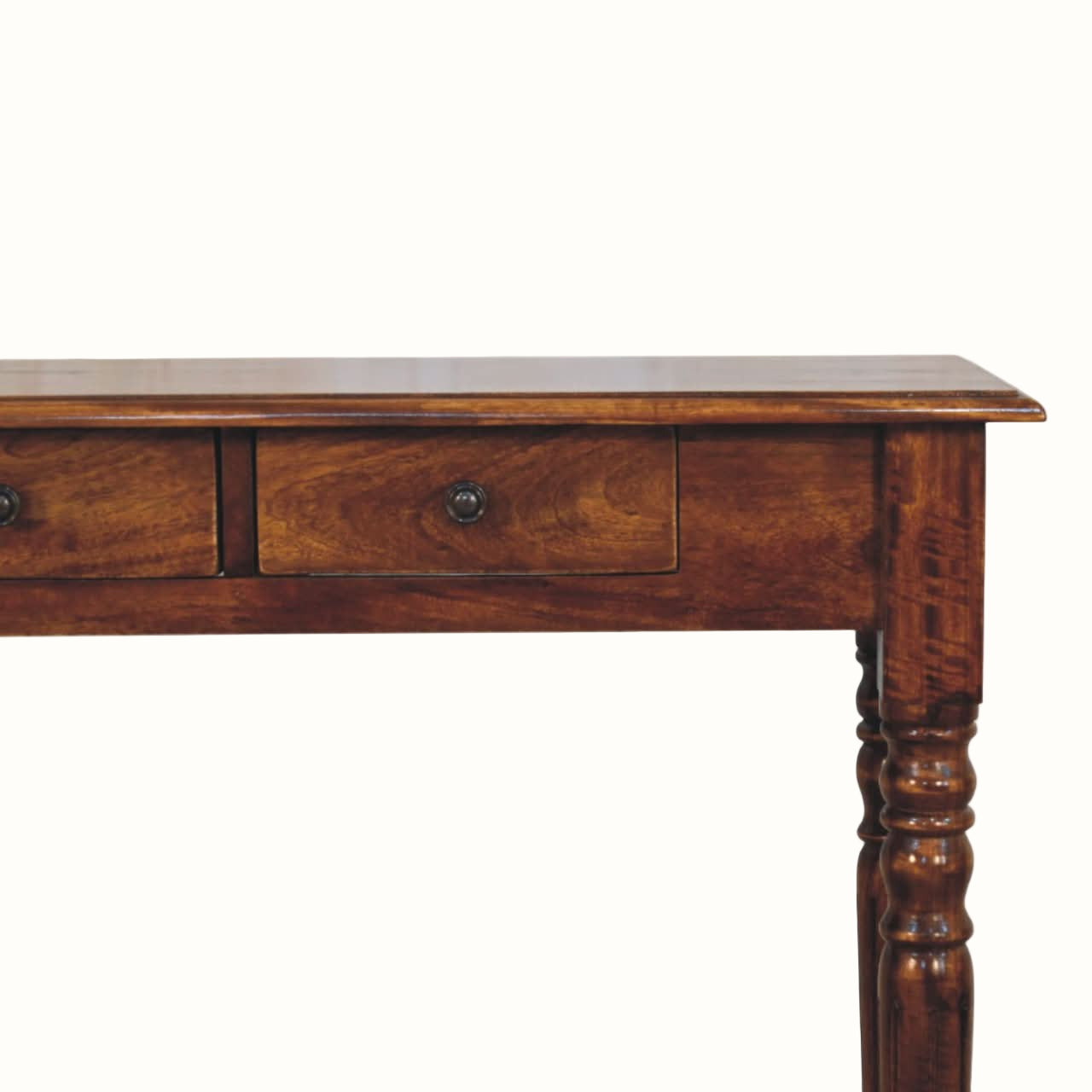 Wooden console table with two drawers on a white background