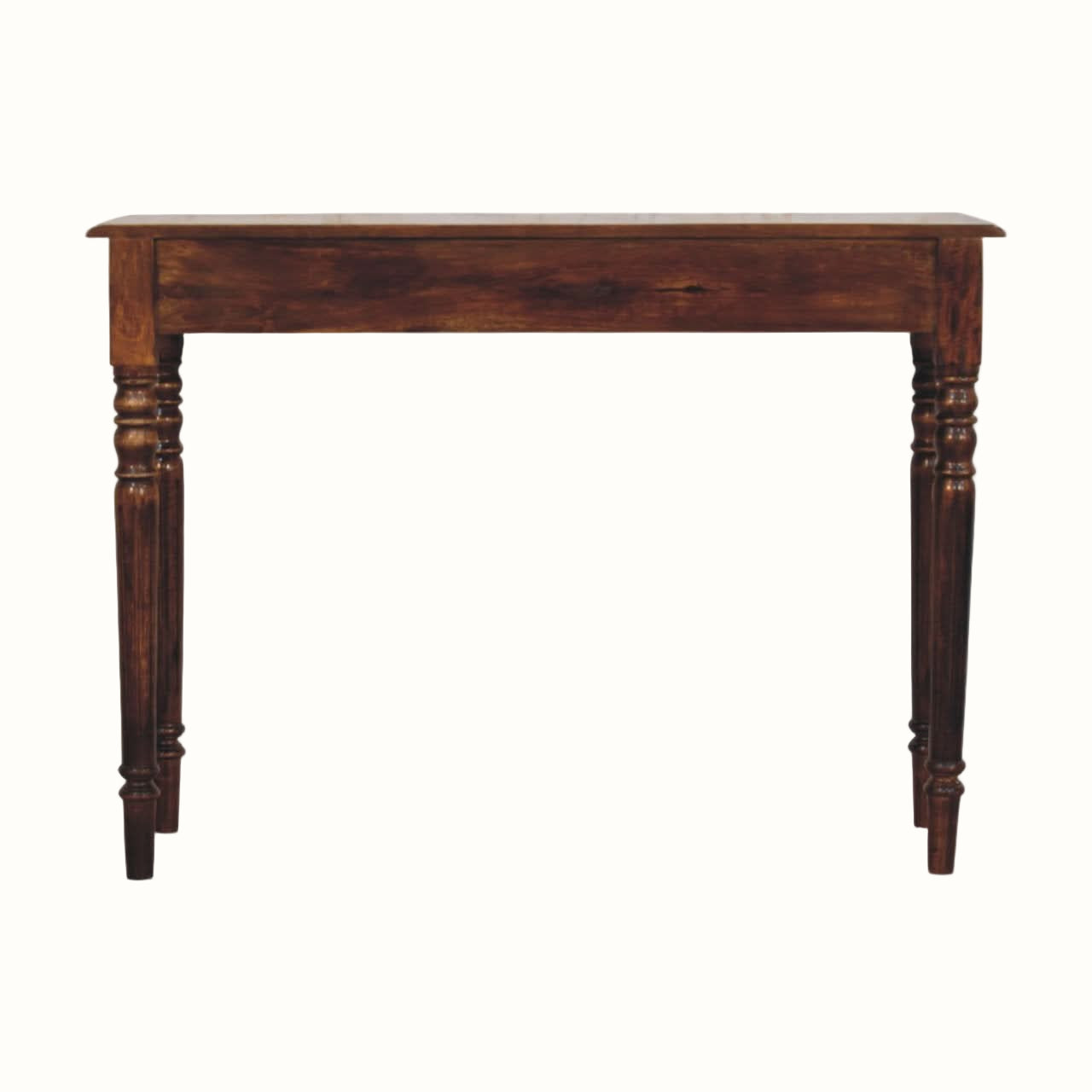 Wooden console table with turned legs on a white background