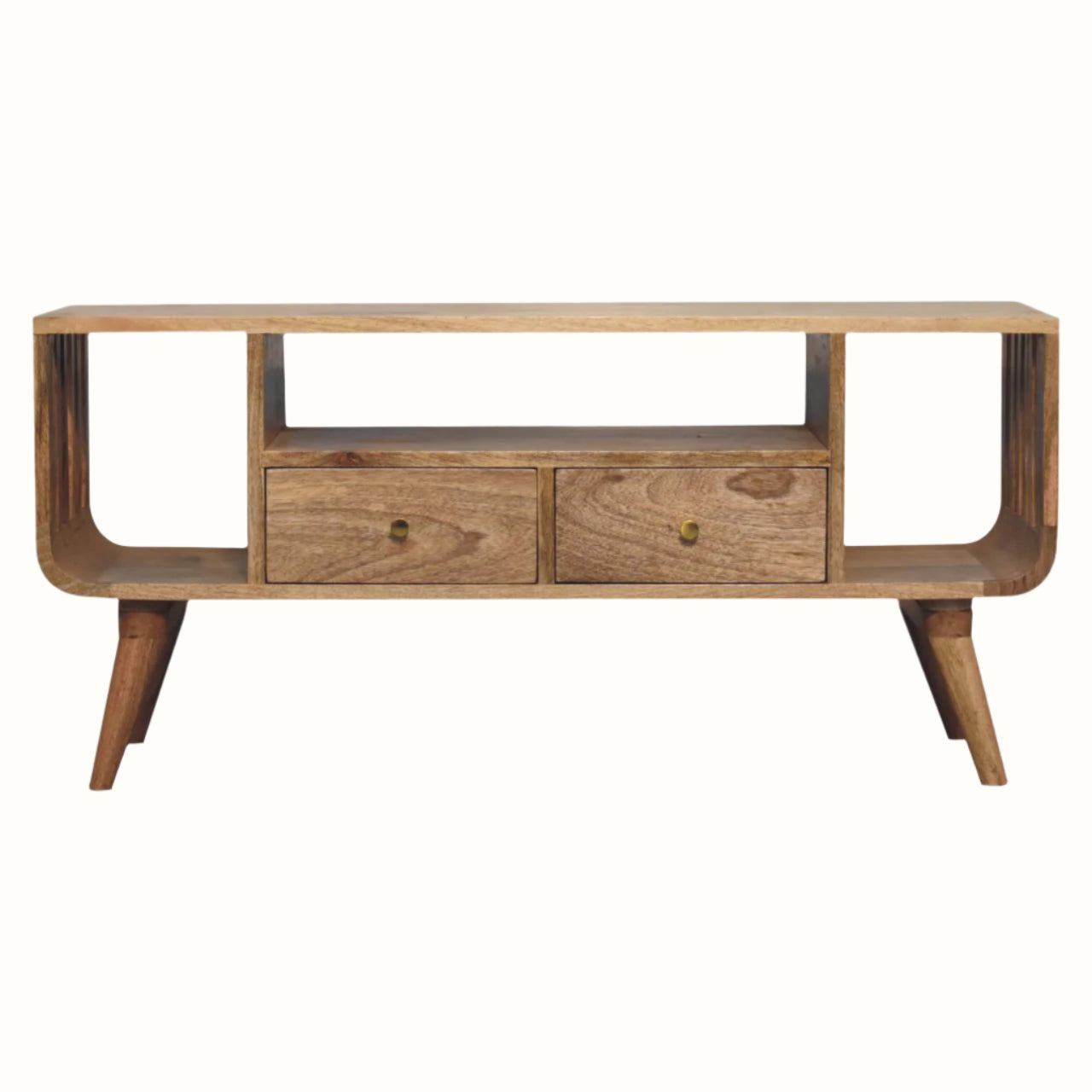 A curved tv stand with 3 open shelves and 2 storage drawers, made from mango wood in a light brown, natural finish.