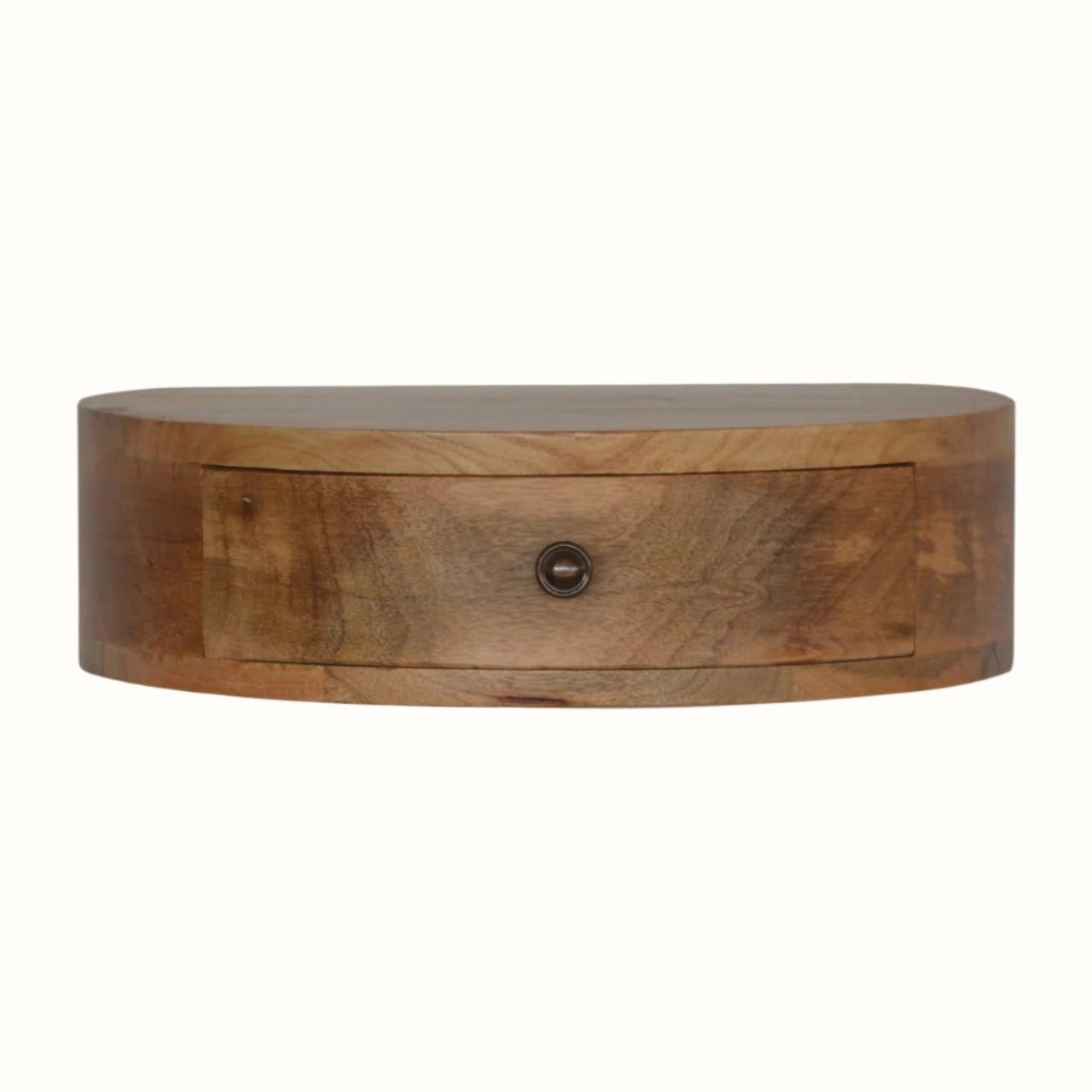 Handcrafted semi-circular wall-mounted bedside table with one drawer, made from solid natural mango wood in a natural finish.