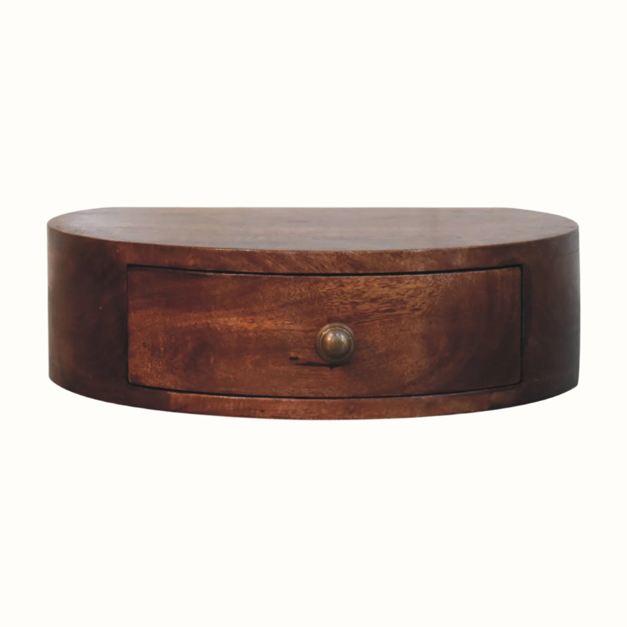 Floating circular bedside table made from solid wood in dark brown stain.