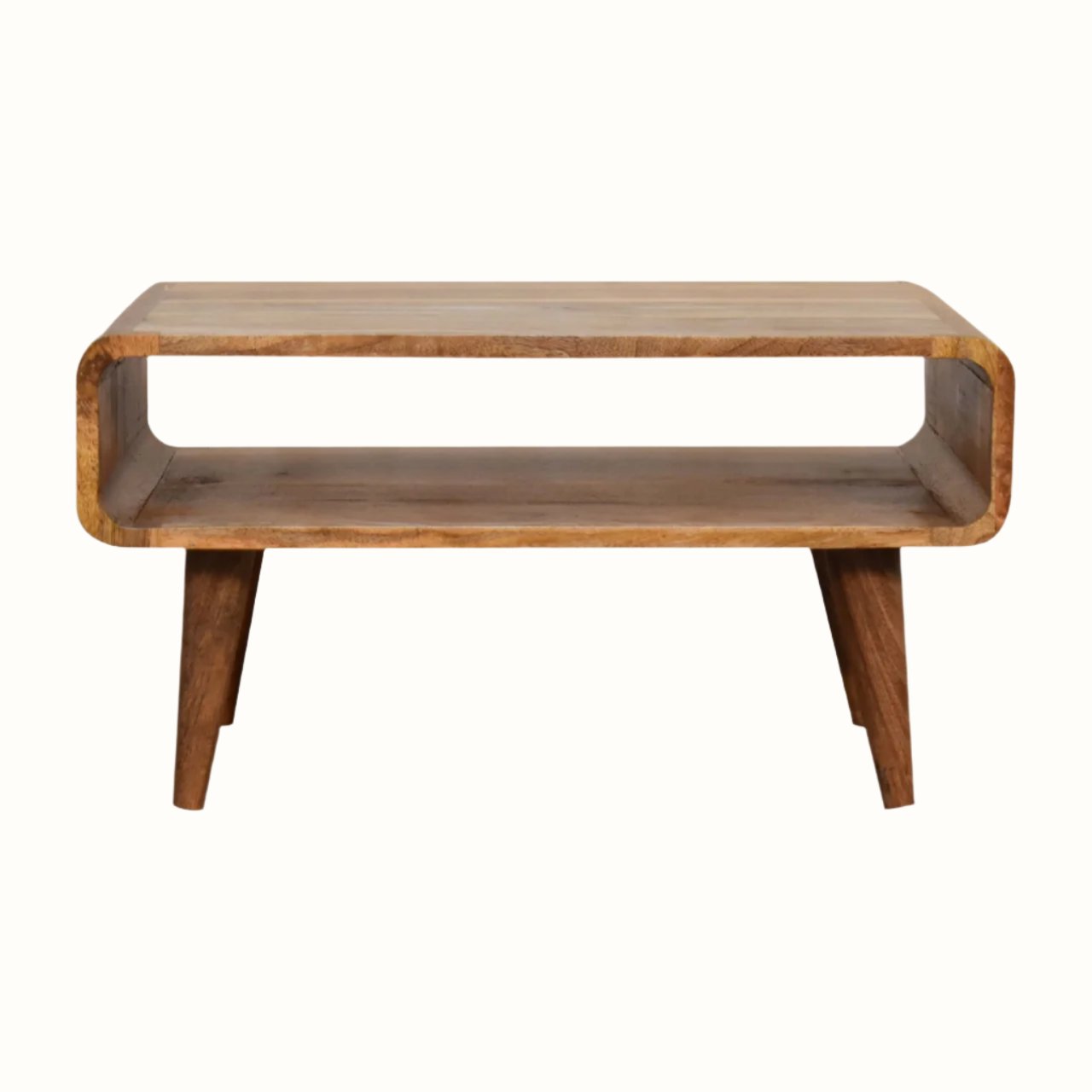 Open TV stand made from solid wood in a light brown finish.