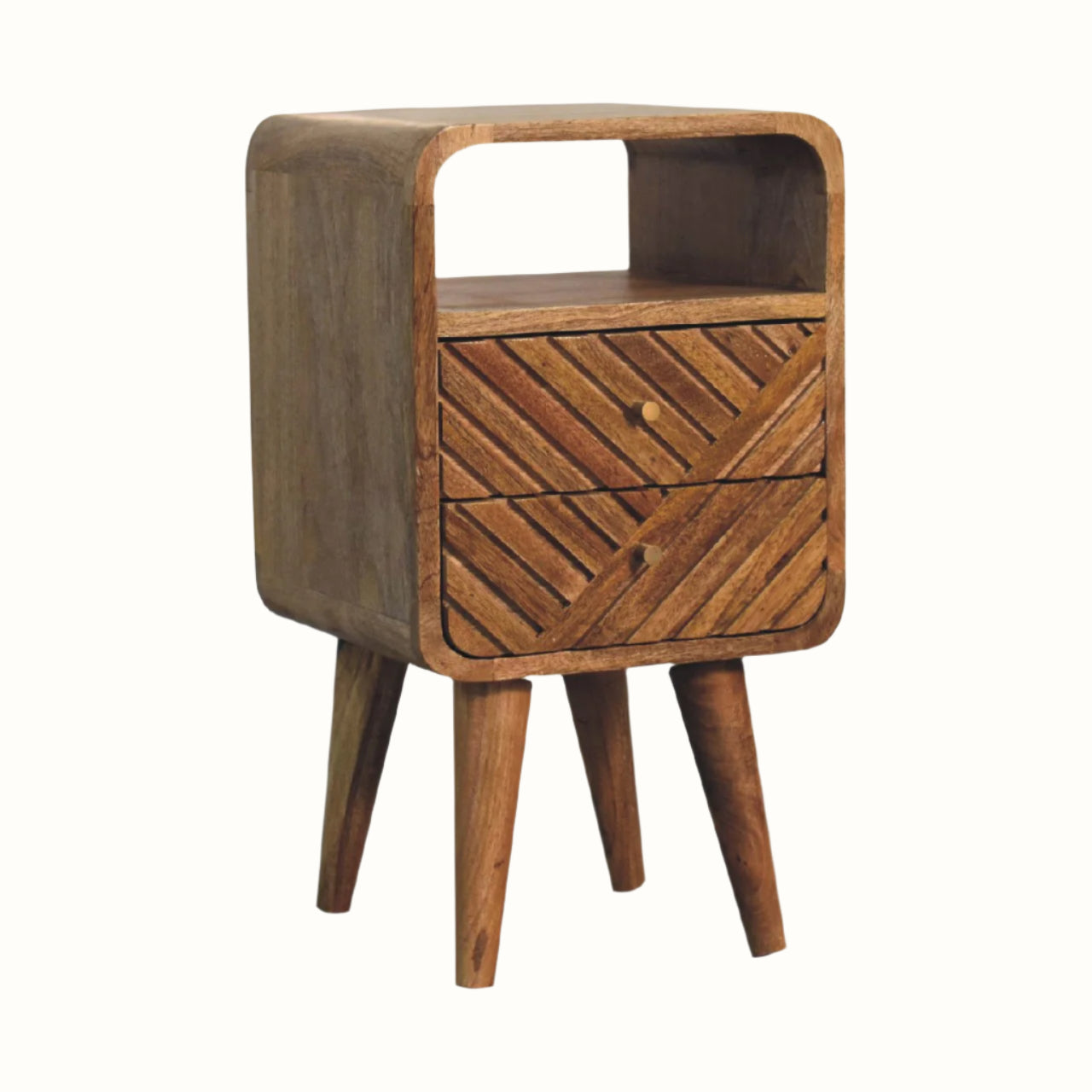 Wooden side table with a geometric pattern on a white background
