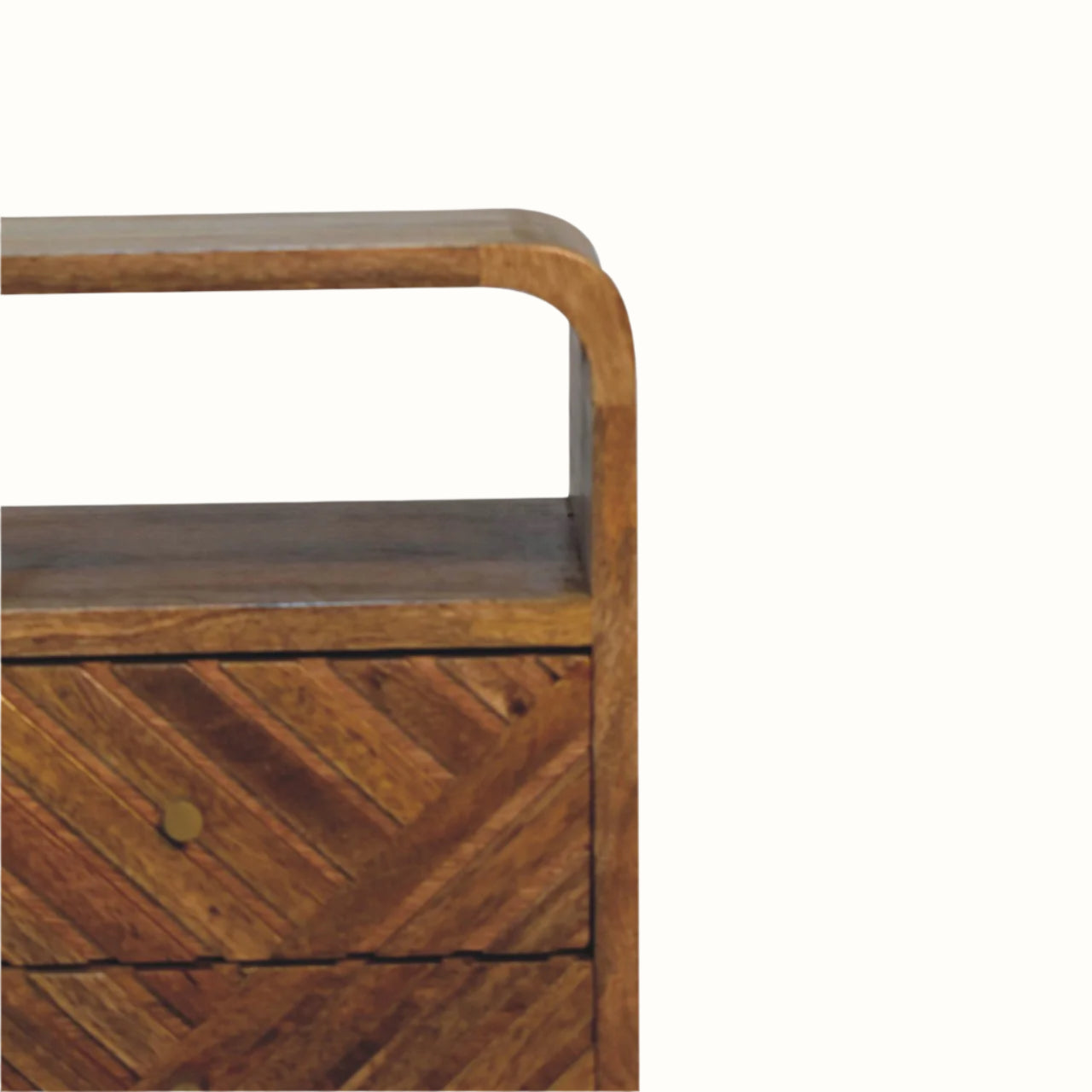Wooden side table with a chevron pattern on a white background