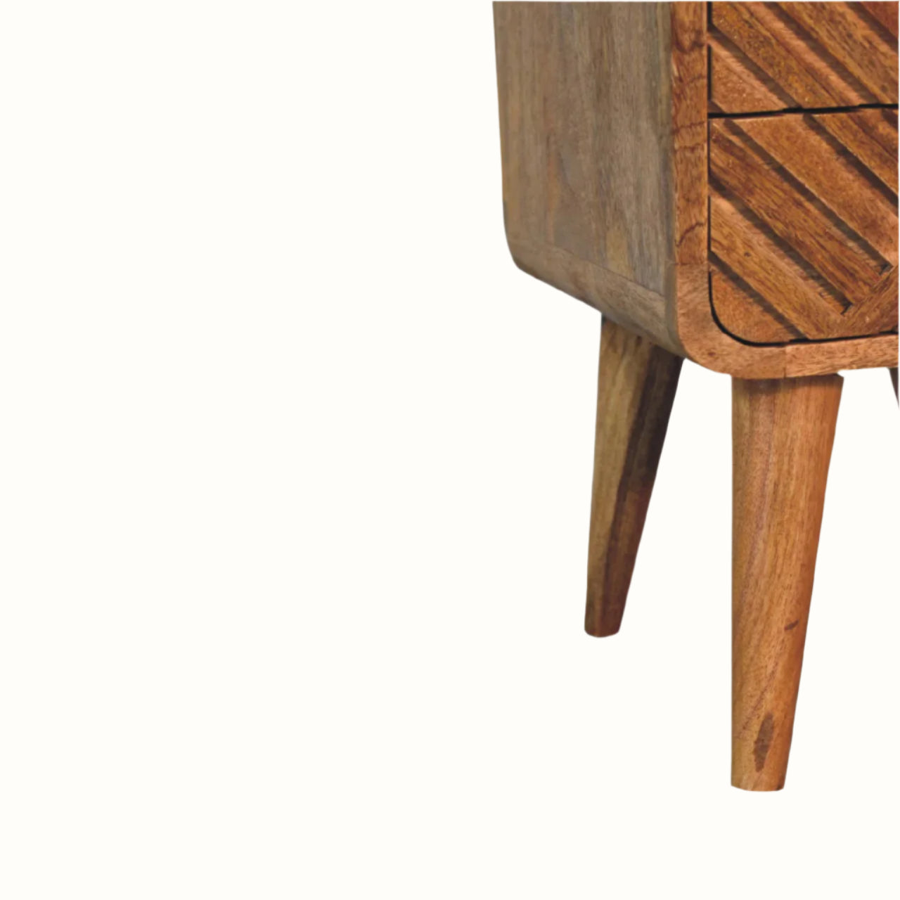 Wooden sideboard with a focus on the legs and corner design.