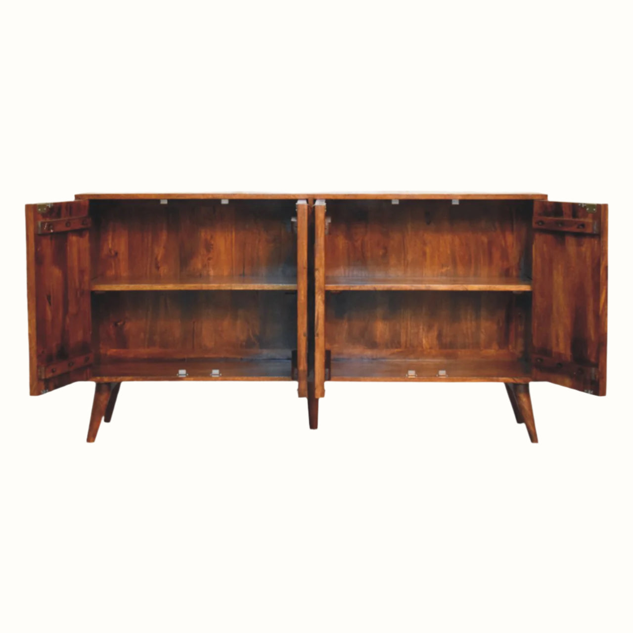 Wooden sideboard with open doors on a white background