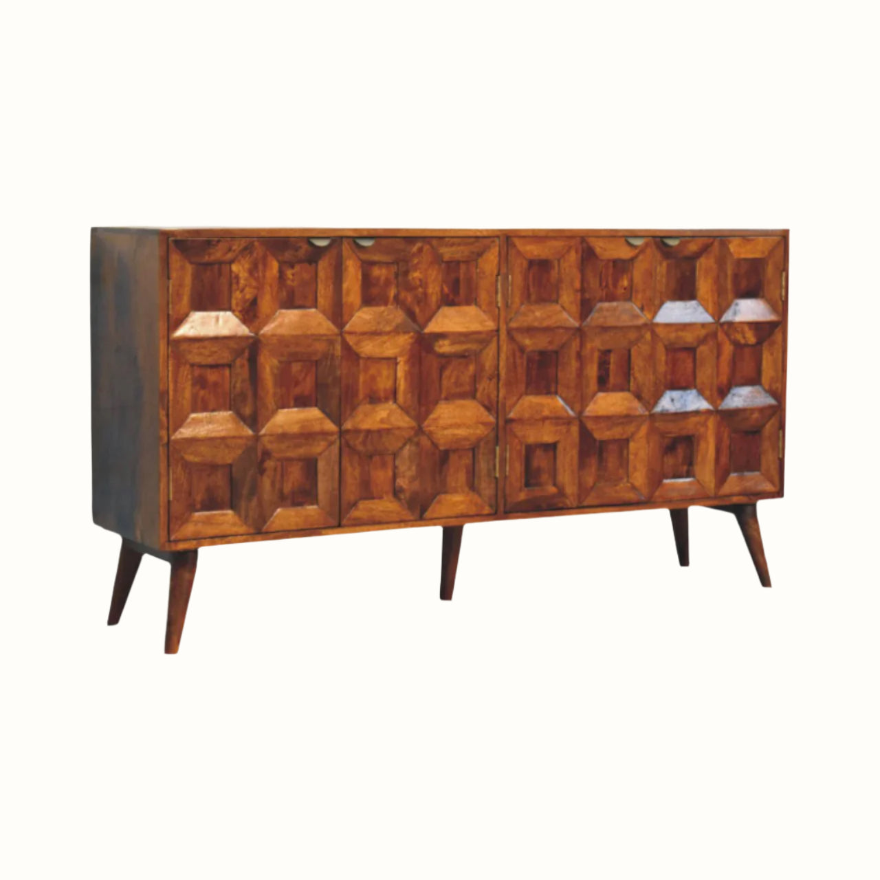 Wooden sideboard with geometric pattern on a white background