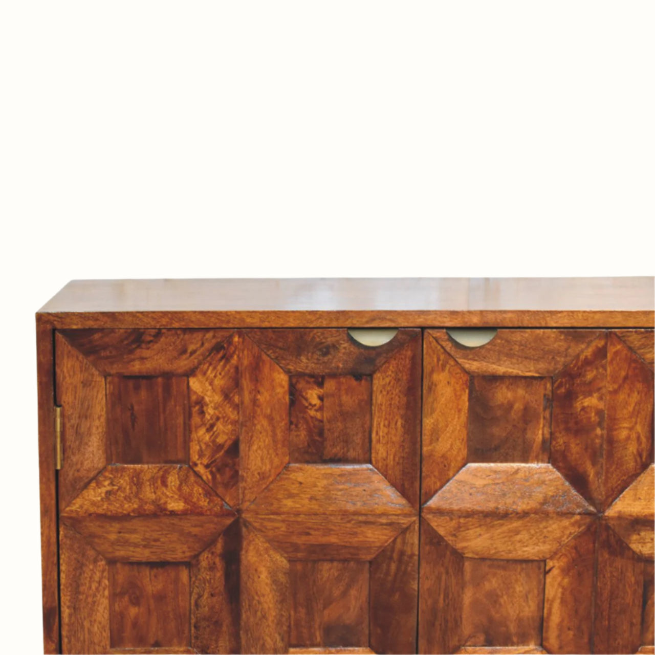 Wooden sideboard with geometric pattern on a white background