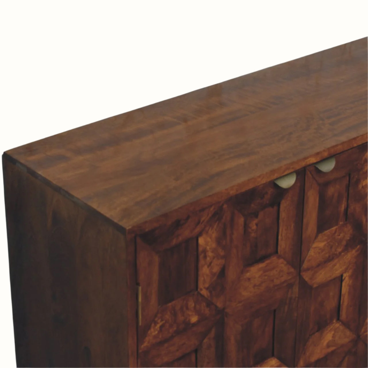 Wooden sideboard with geometric pattern on a white background
