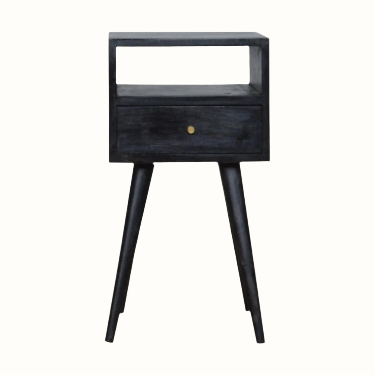 Small square bedside table made from mango wood in ash black finish.