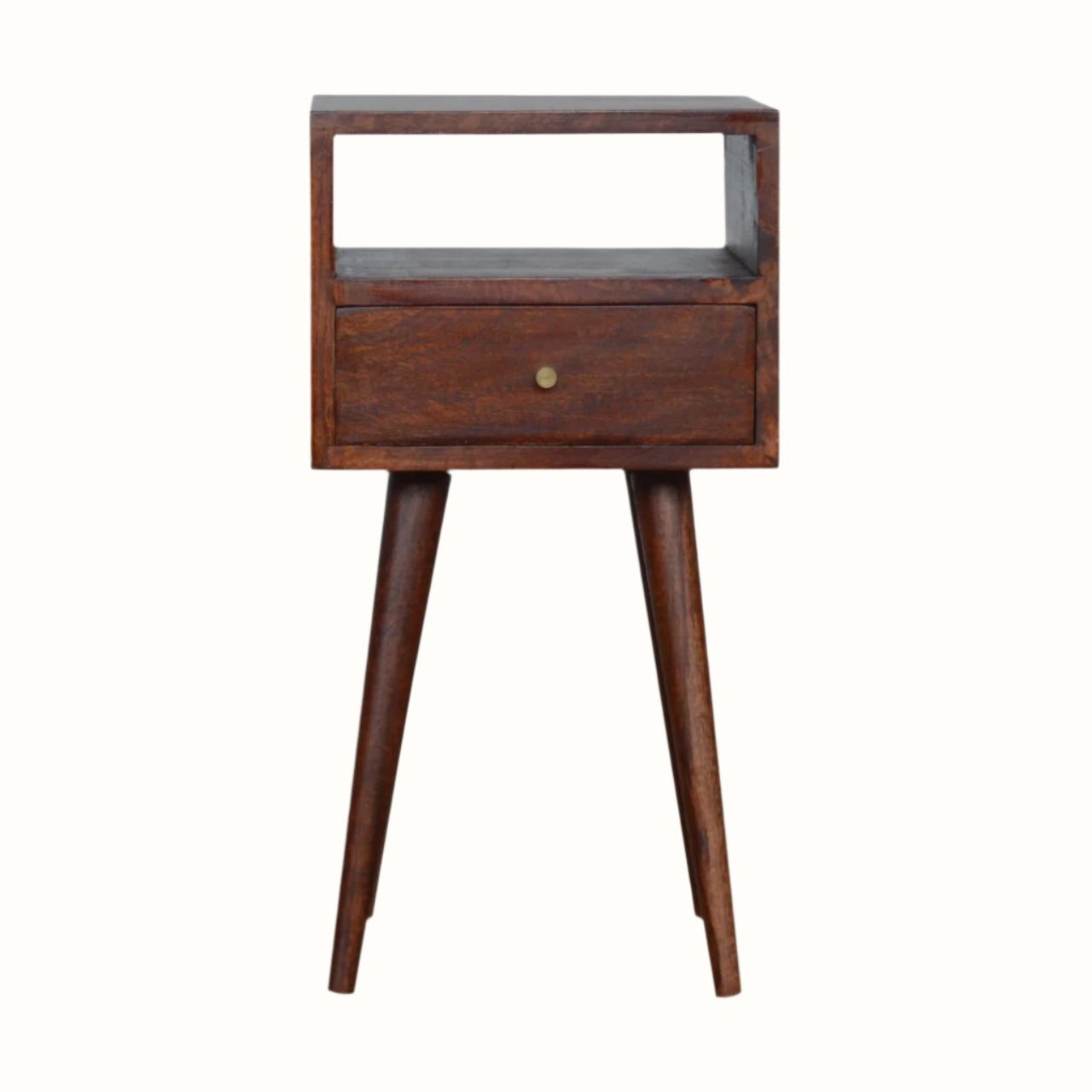 Scandinavian style bedside table made from solid wood in dark brown finish.