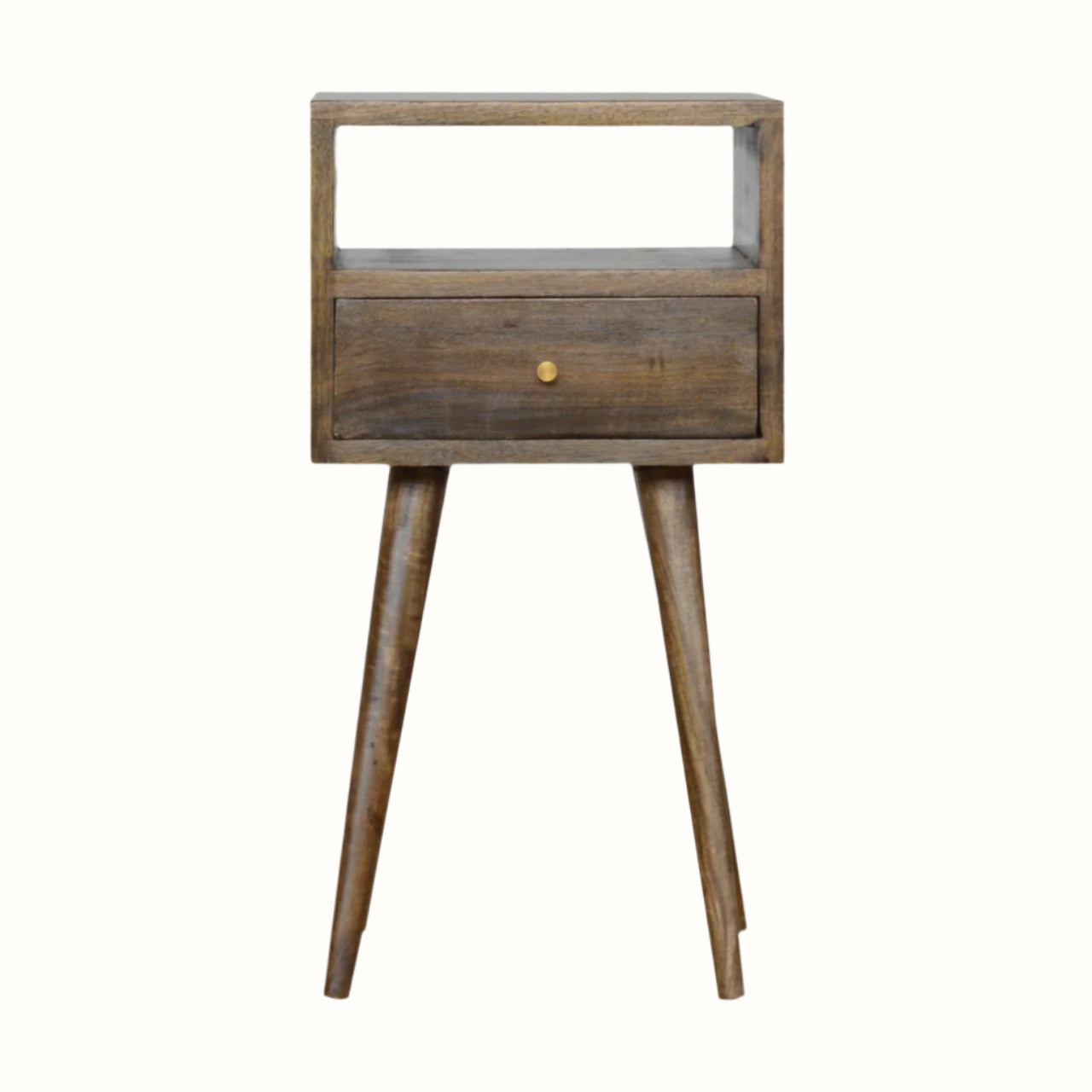 Compact Scandinavian bedside table made from solid wood in grey-wash brown finish.