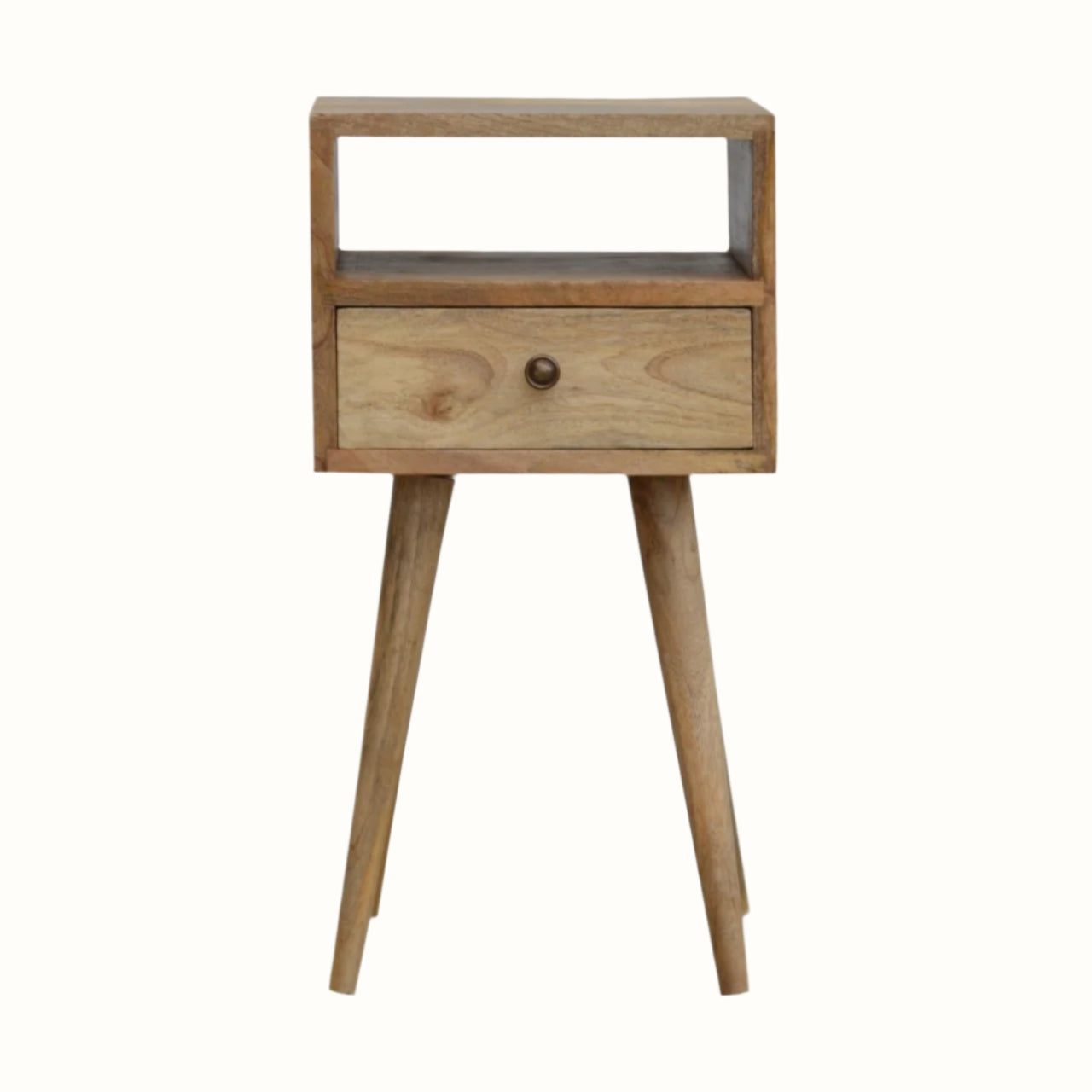 Scandinavian style bedside table made from solid wood in light brown finish.