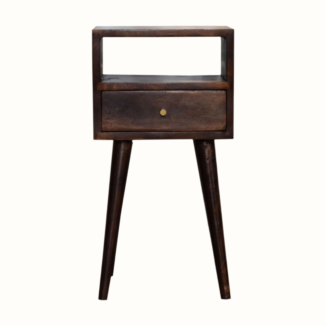 Small squsre bedside table made from solid wood in dark brown finish.