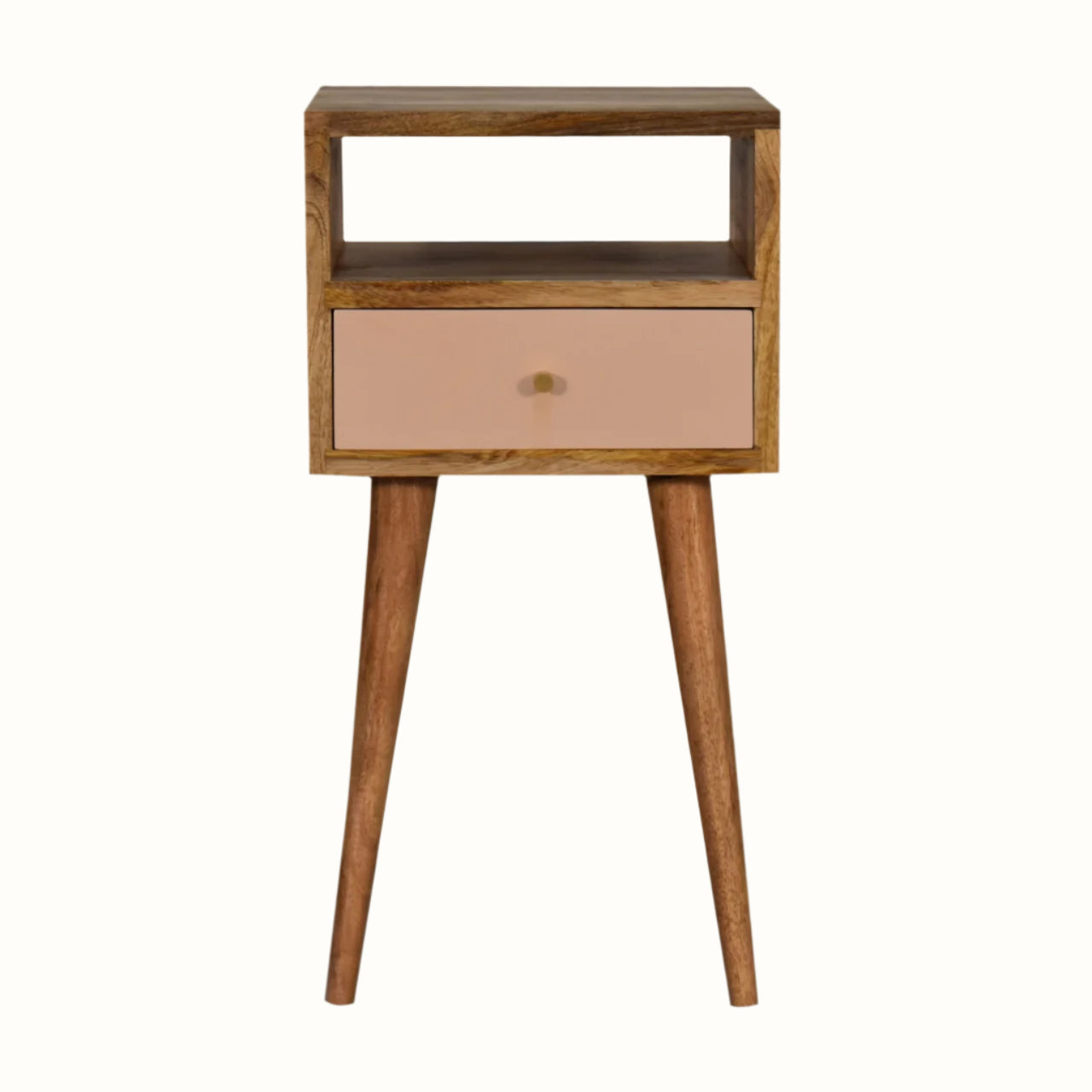 Scandinavian style bedside table made from solid wood in light brown finish, with handpainted pink drawer front.