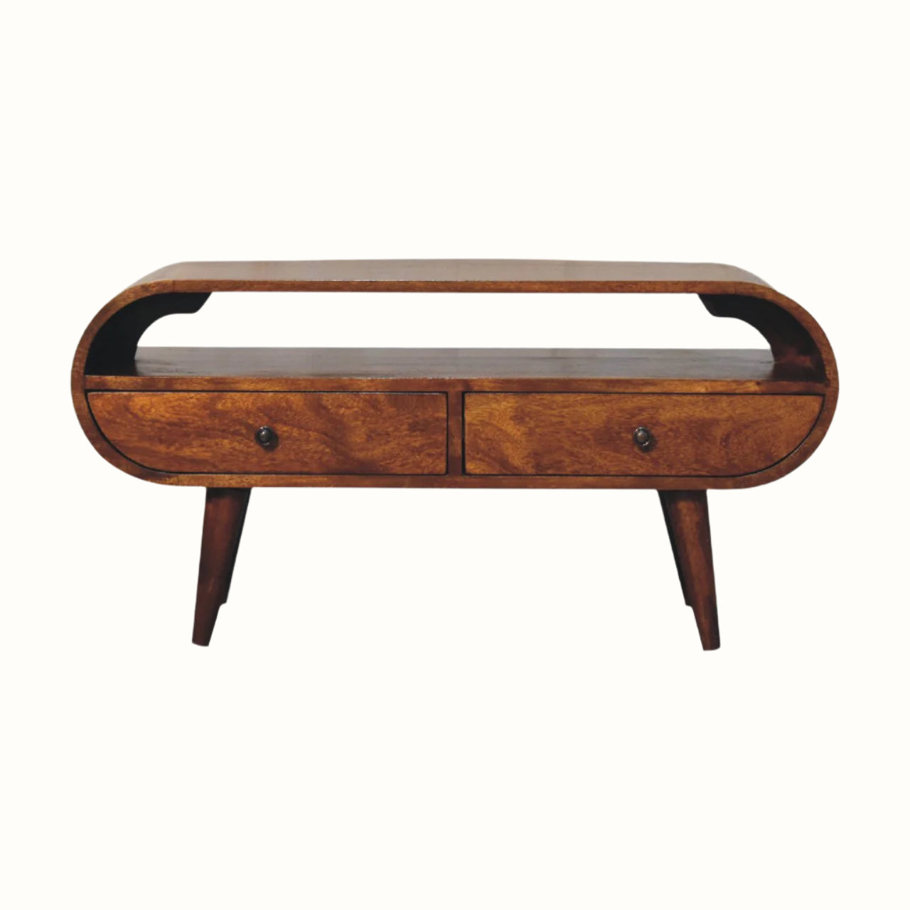 Dark brown stain tv stand with a rounded body.