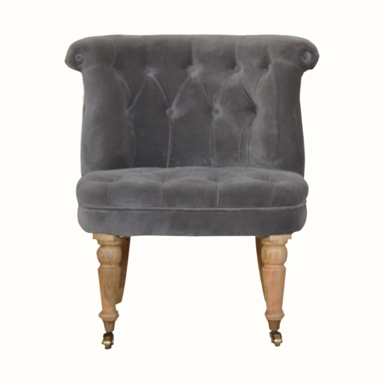 Vintage style seat in grey velvet, with natural mango wood legs.