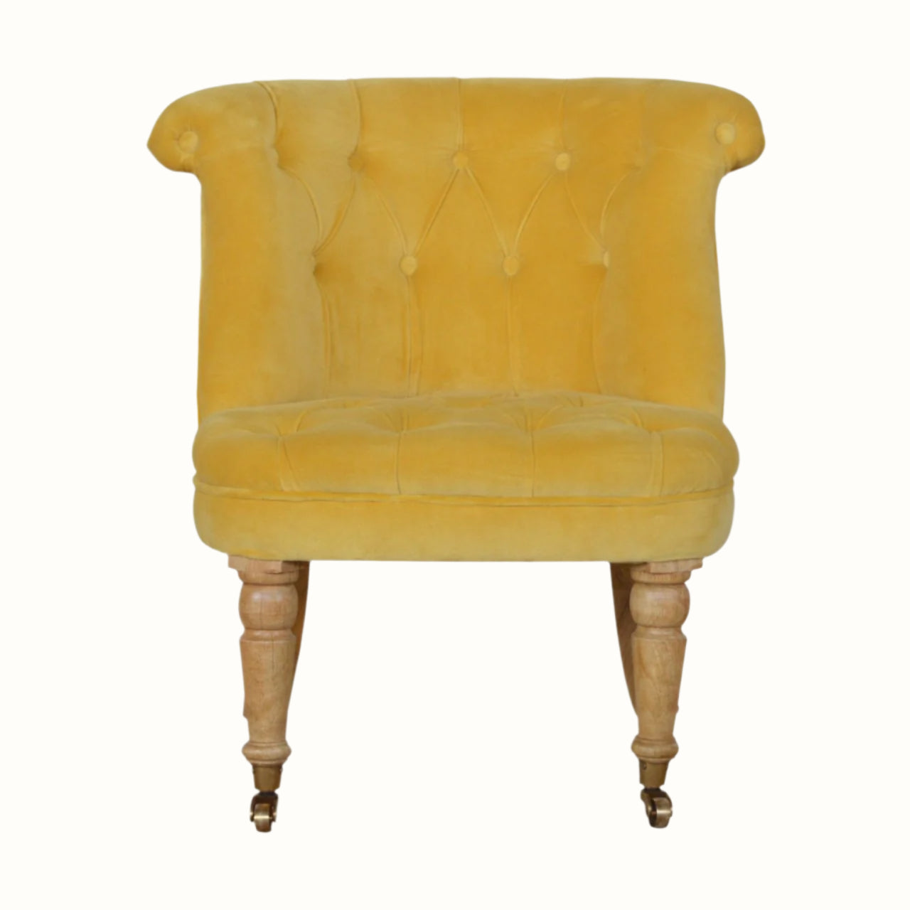 Vintage style seat upholstered in yellow velvet, with light wood legs.