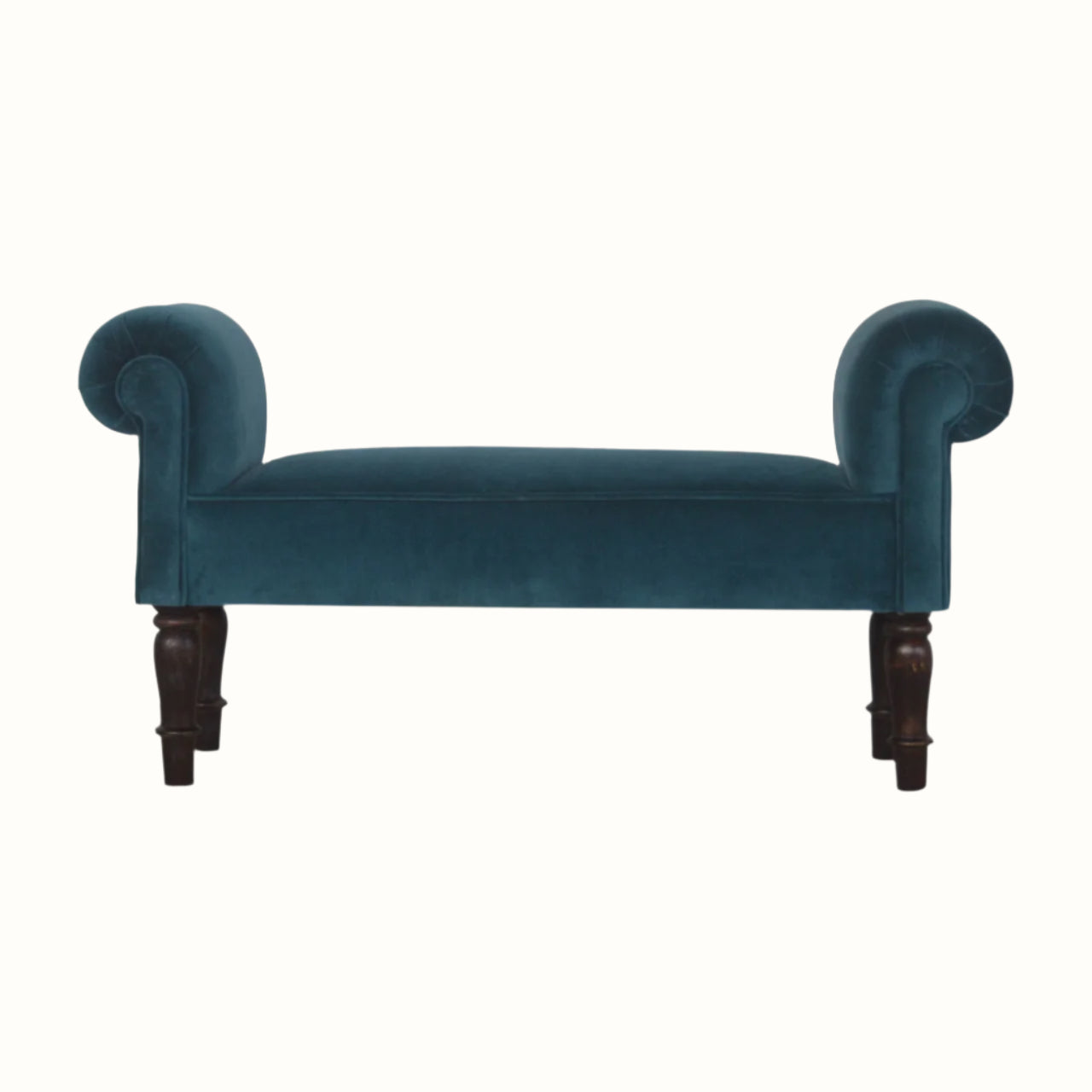 Antique style bench in a teal blue velvet, with wooden legs.