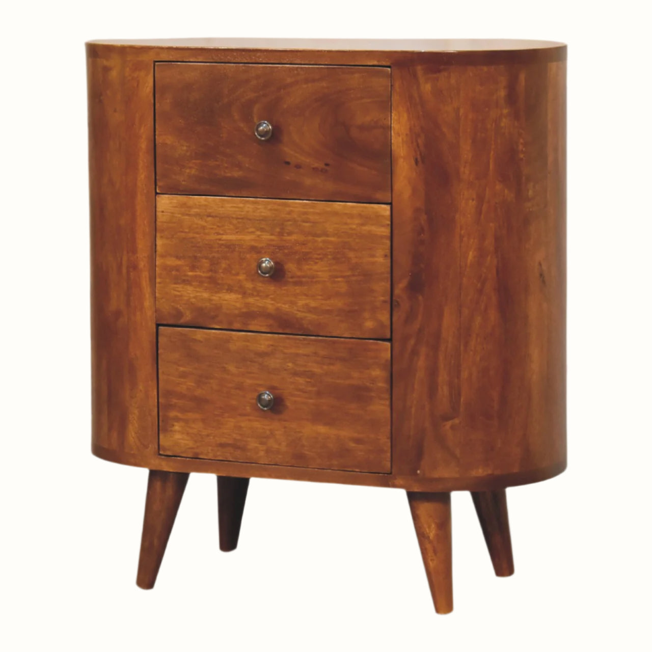 Curved cabinet, with three storage drawers, made from mango wood in a dark, chestnut brown finish.