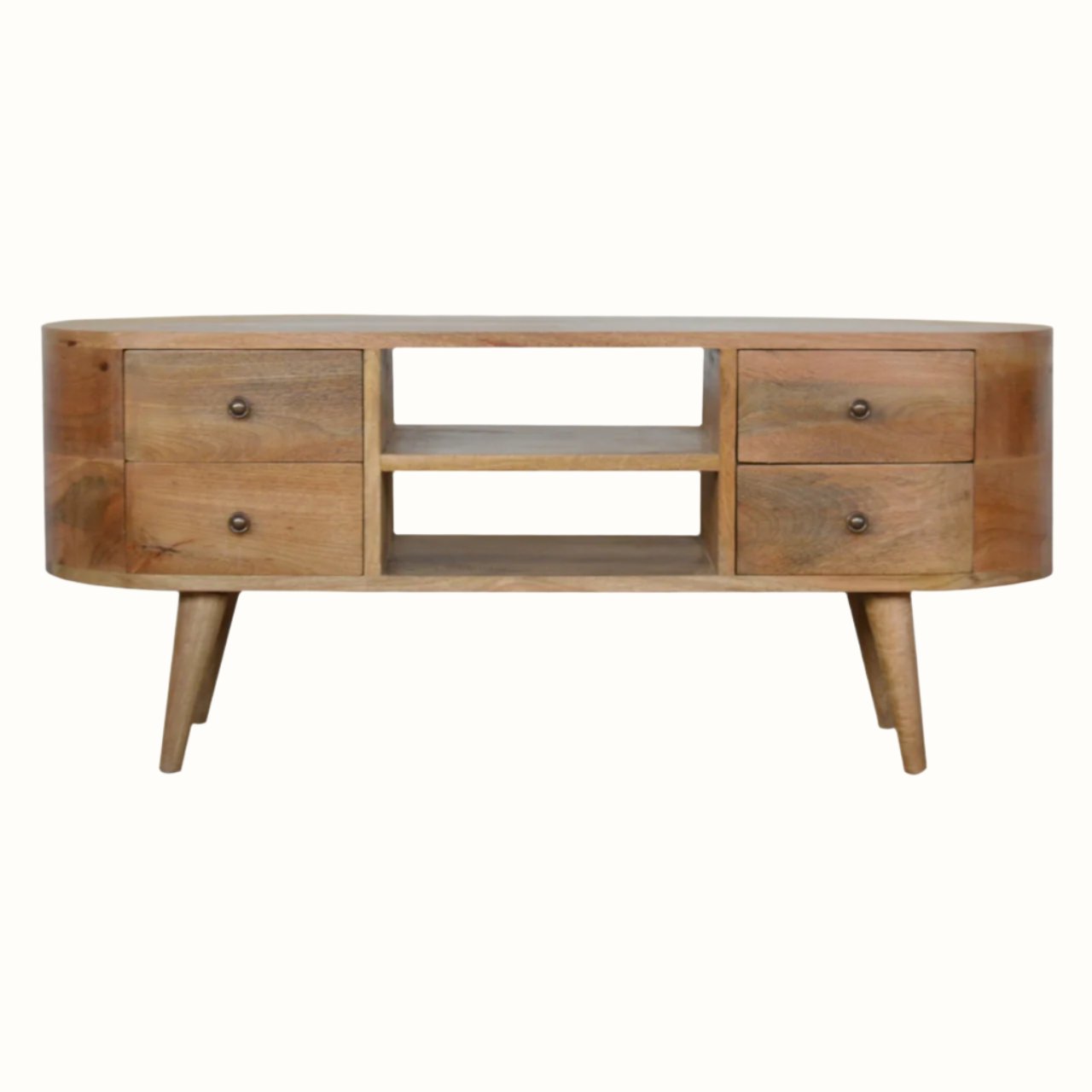 A curved TV stand featuring storage drawers and open shelving, made from wood.