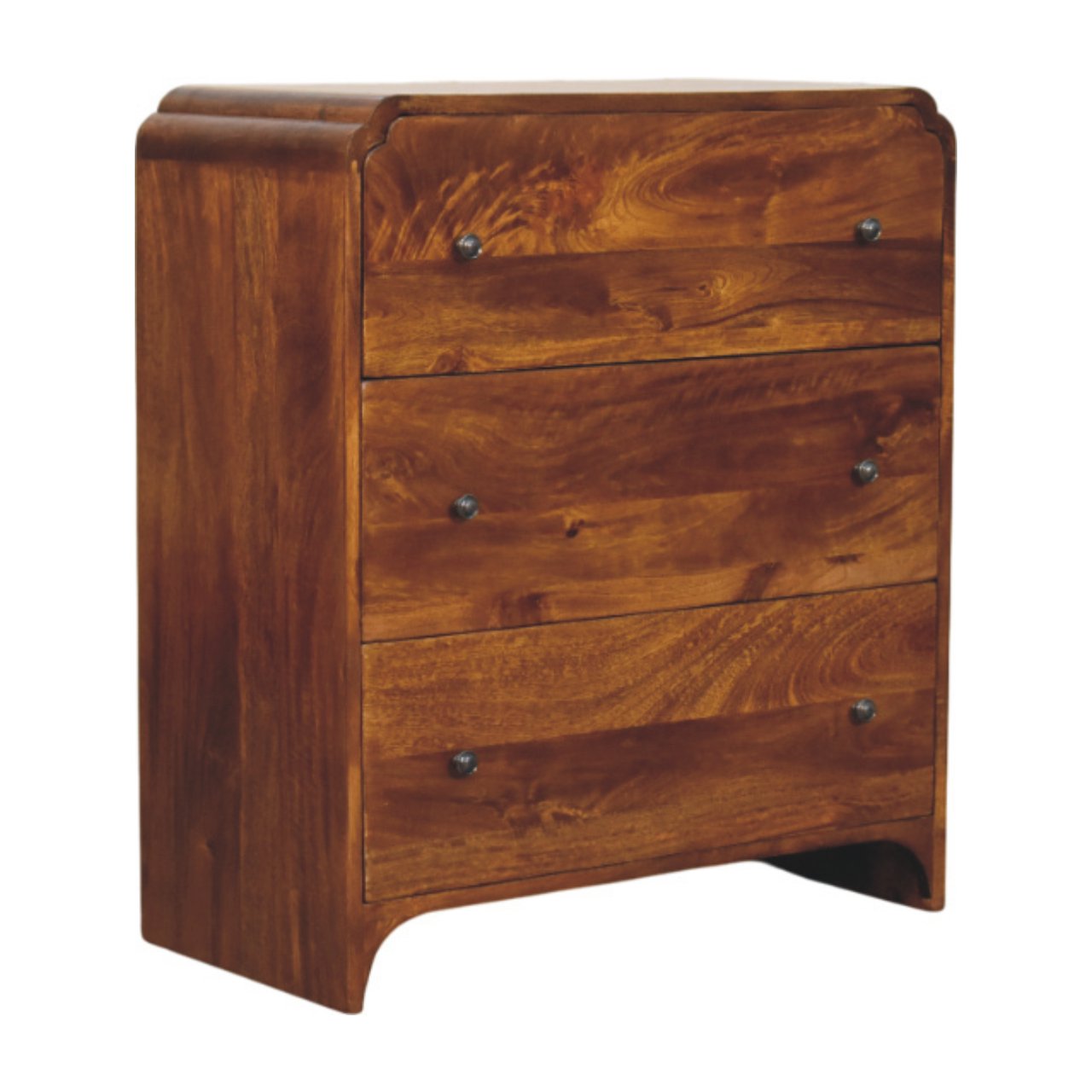Wooden chest of drawers with curved edges, and 3 drawers.