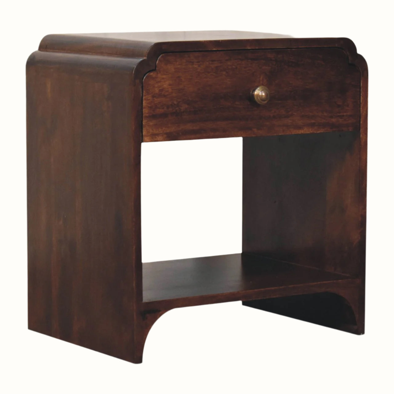 Wooden side table with a drawer on a white background