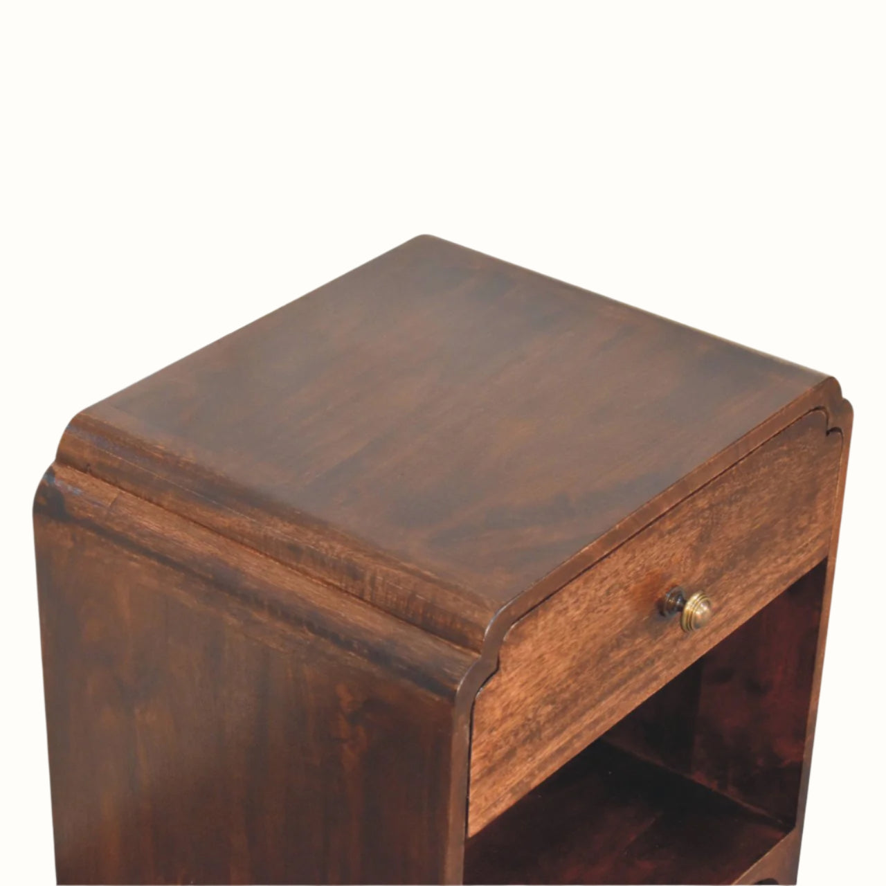 Wooden side table with a drawer on a white background
