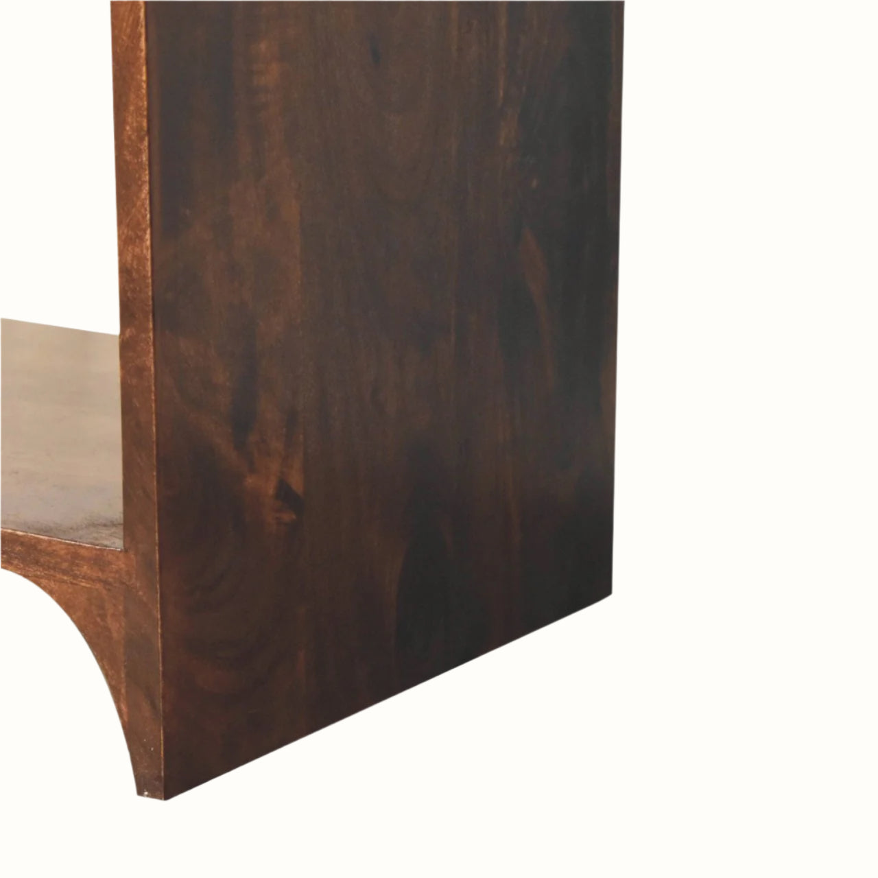 Close-up of a wooden shelf with a dark brown finish on a white background