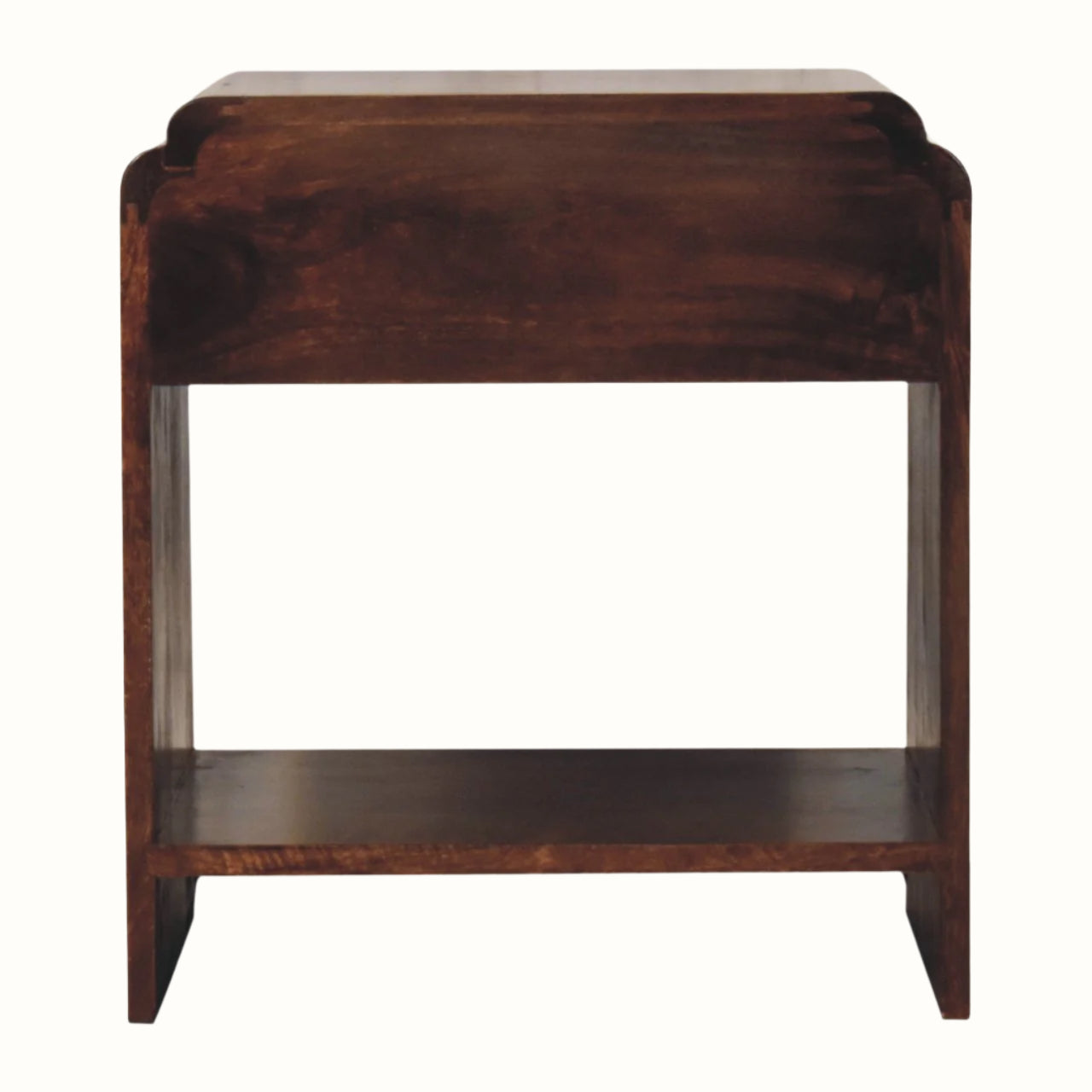 Wooden side table with a dark brown finish on a white background