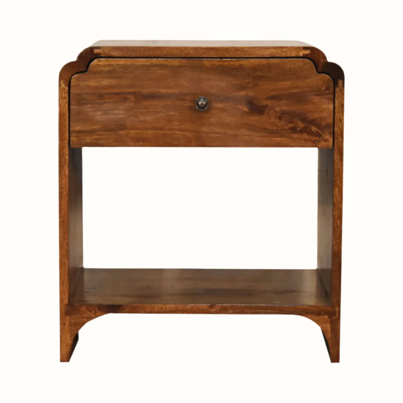 Wooden side table with a drawer on a white background