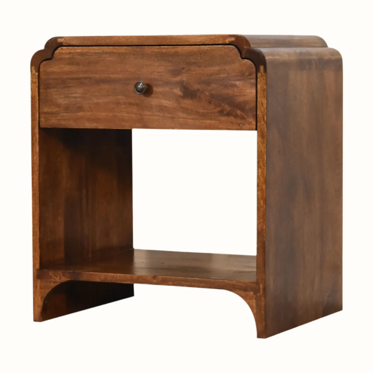Wooden side table with a drawer on a white background