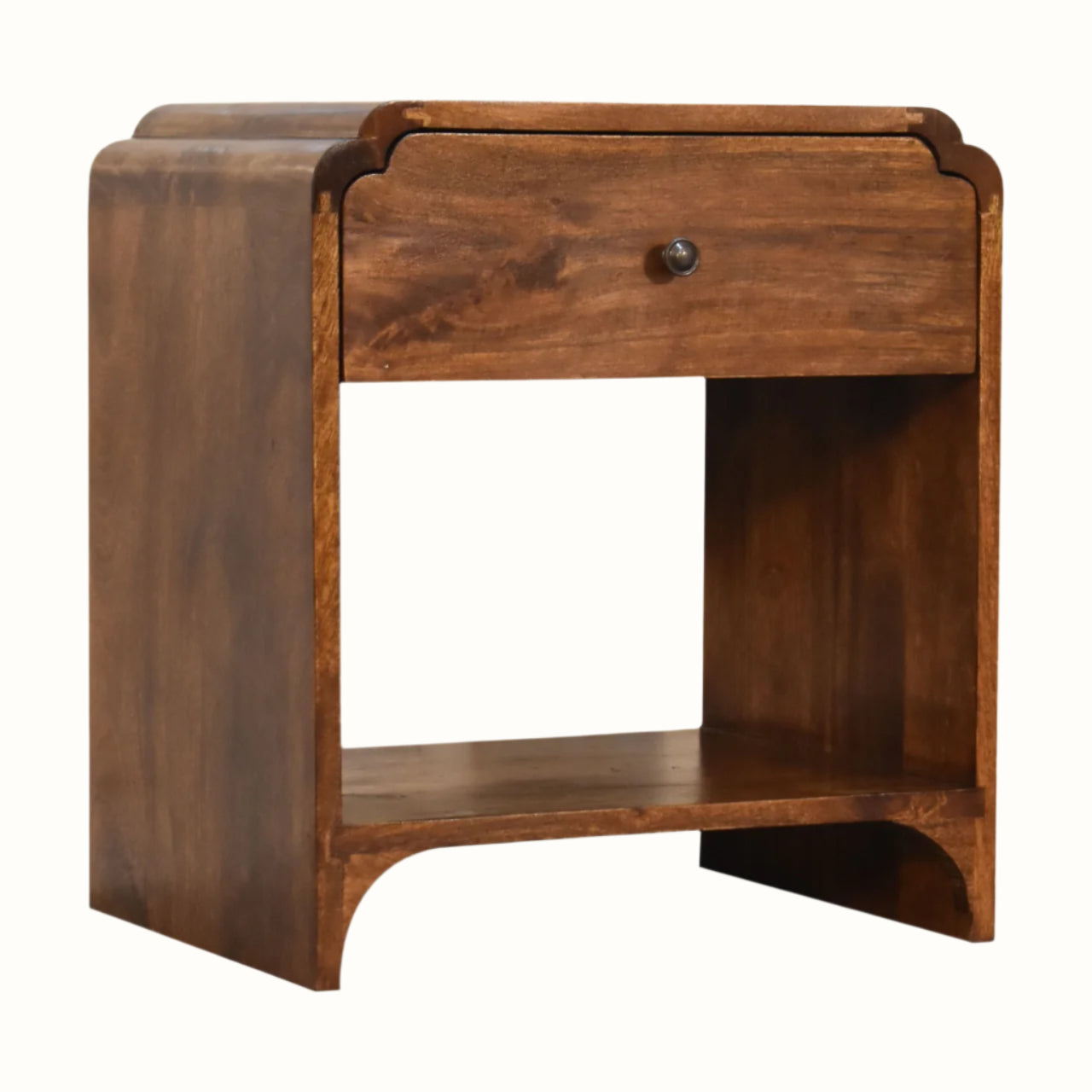 Wooden side table with a drawer on a white background