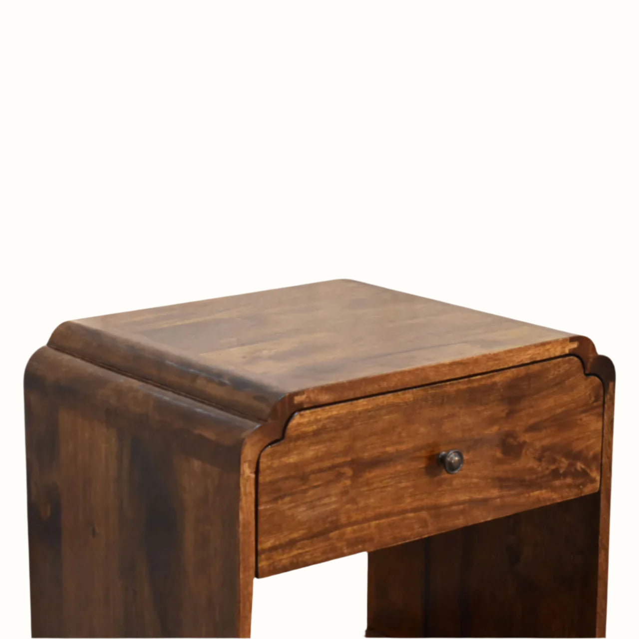 Wooden side table with a drawer on a white background