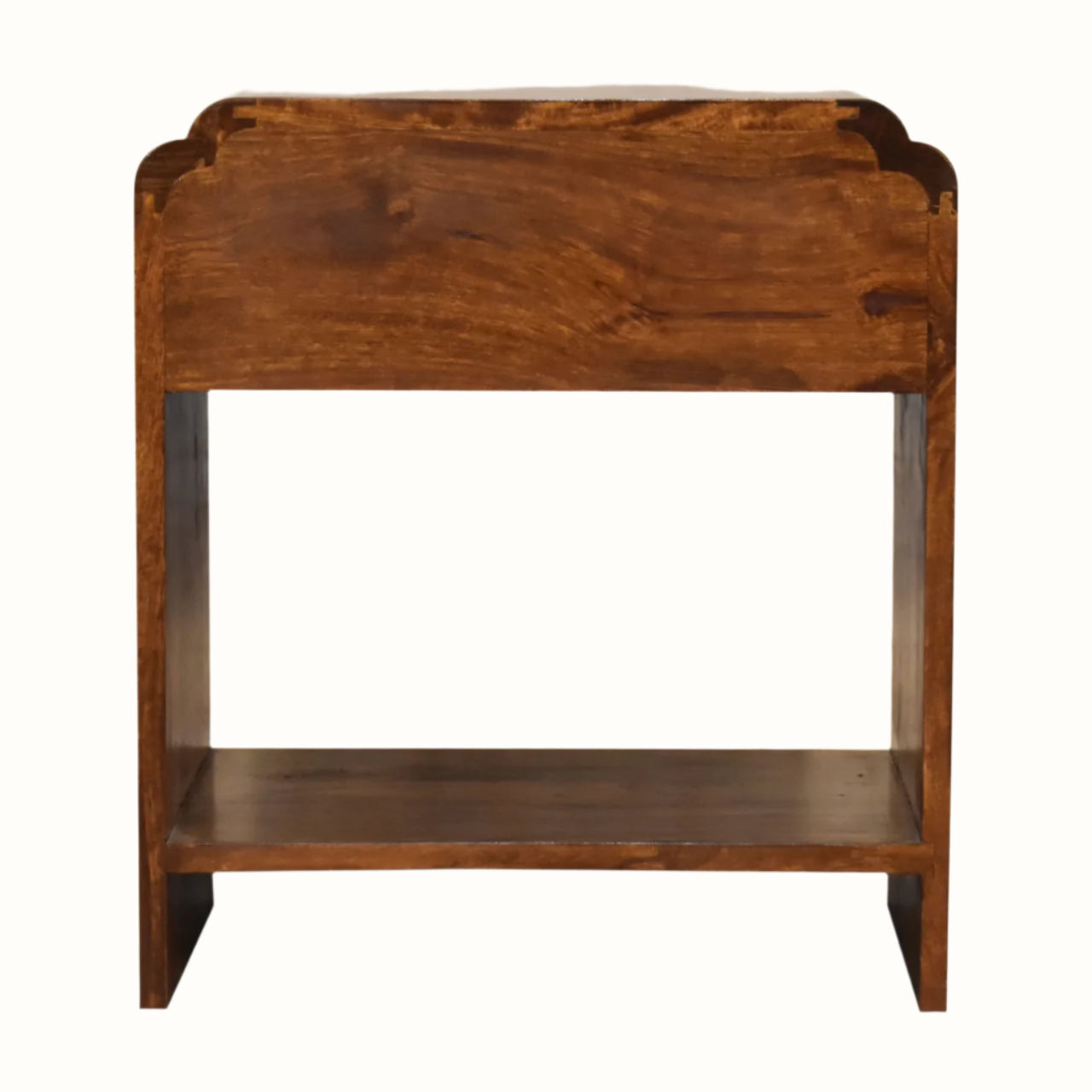 Wooden side table with a single shelf on a white background
