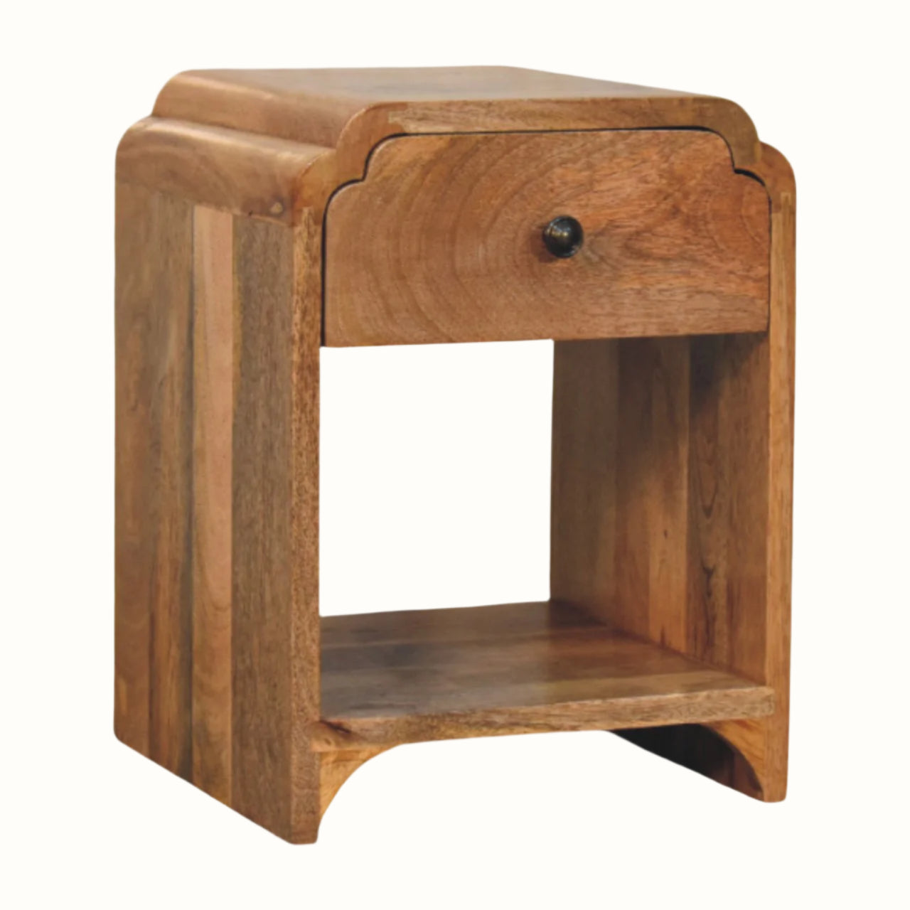 Wooden bedside table on white background.