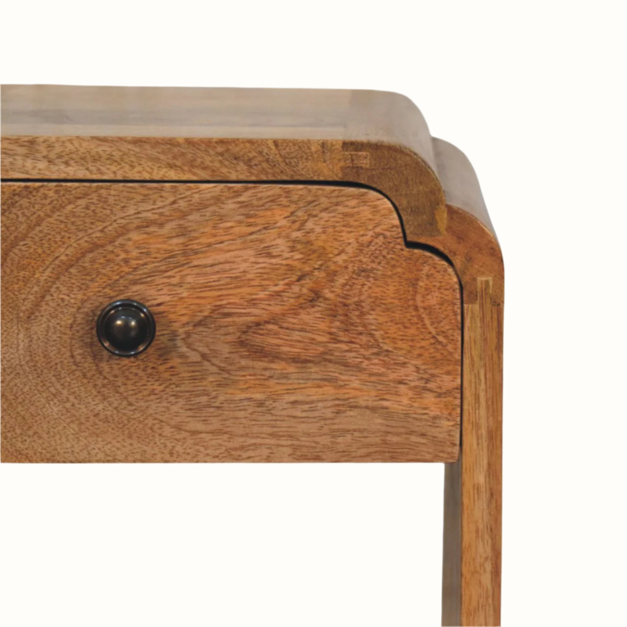 Wooden bedside table with a drawer and metal handle on a white background