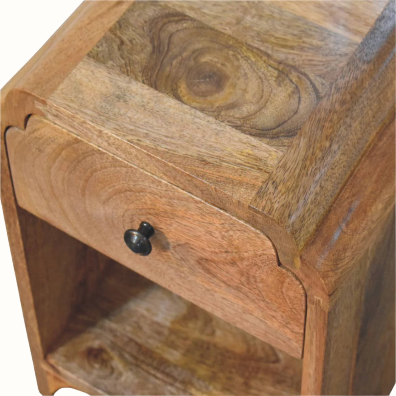 Wooden nightstand with a drawer and visible grain pattern