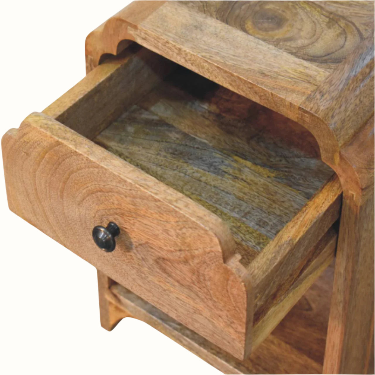 Wooden drawer with a metal knob on a white background