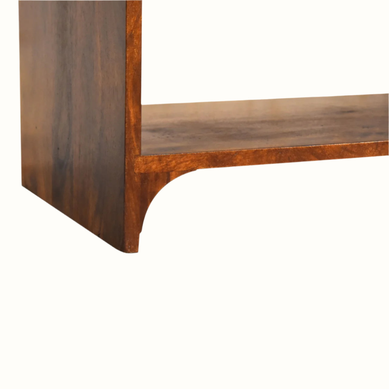 Wooden shelf with a curved design on a white background