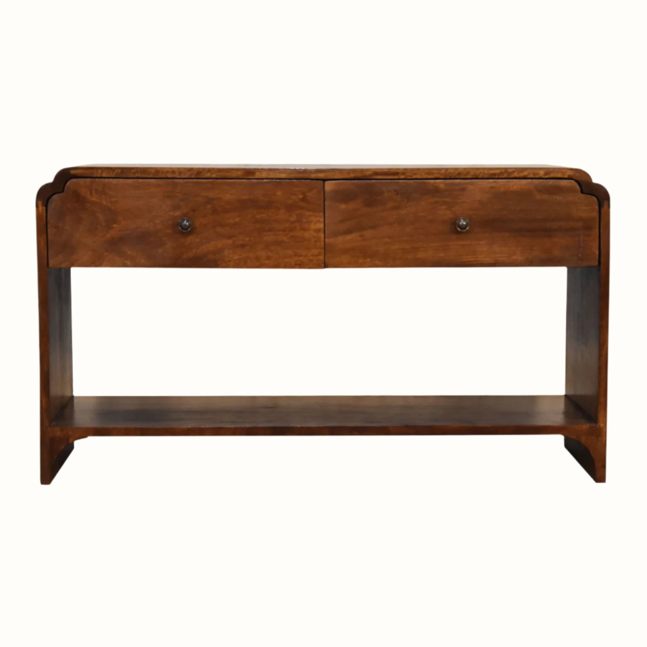 Wooden console table with two drawers on a white background
