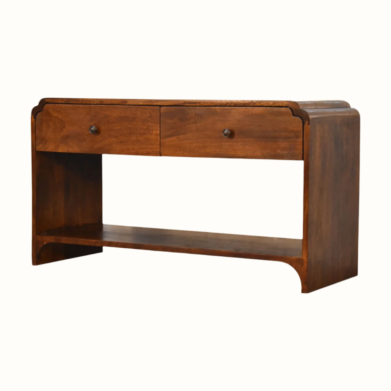 Wooden console table with two drawers on a white background