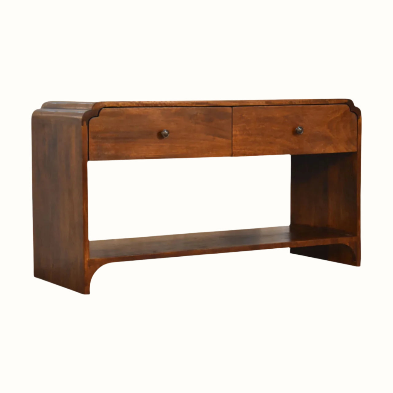 Wooden console table with a drawer and shelf on a white background