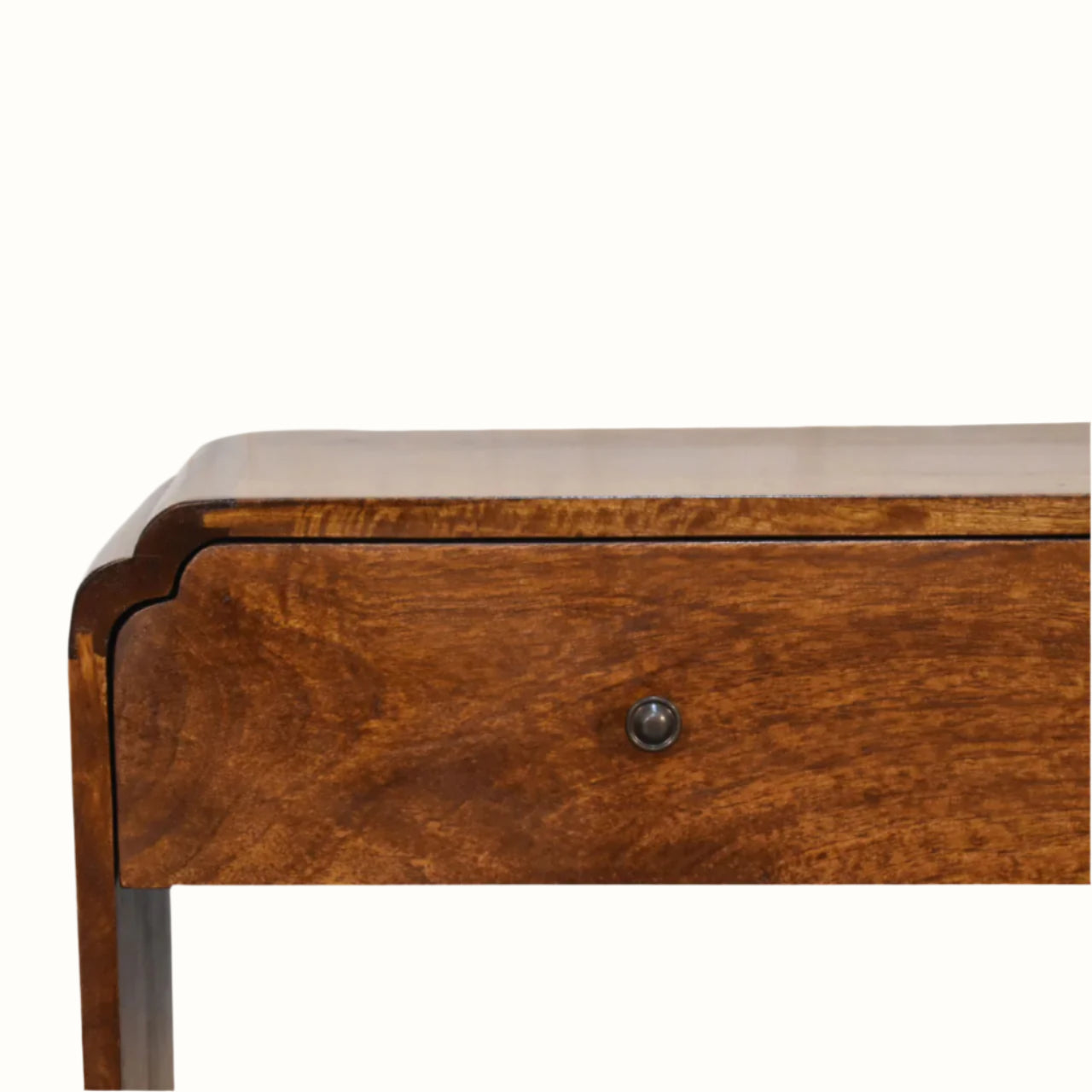 Wooden drawer with a metallic handle on a white background