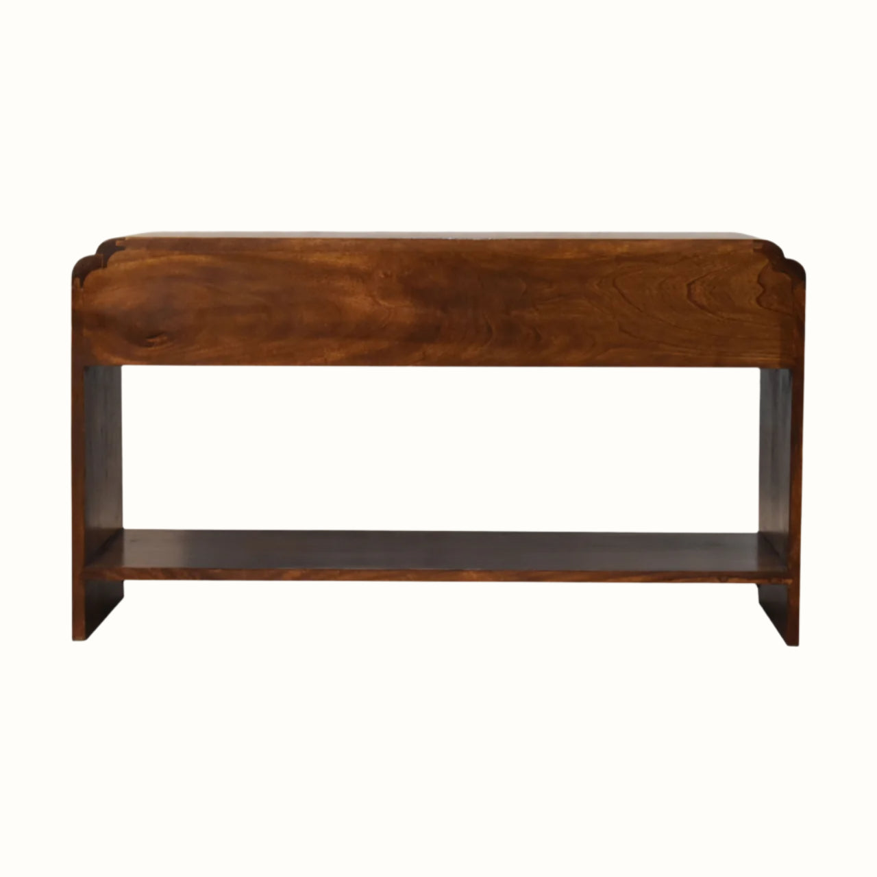 Wooden coffee table with a dark brown finish on a white background