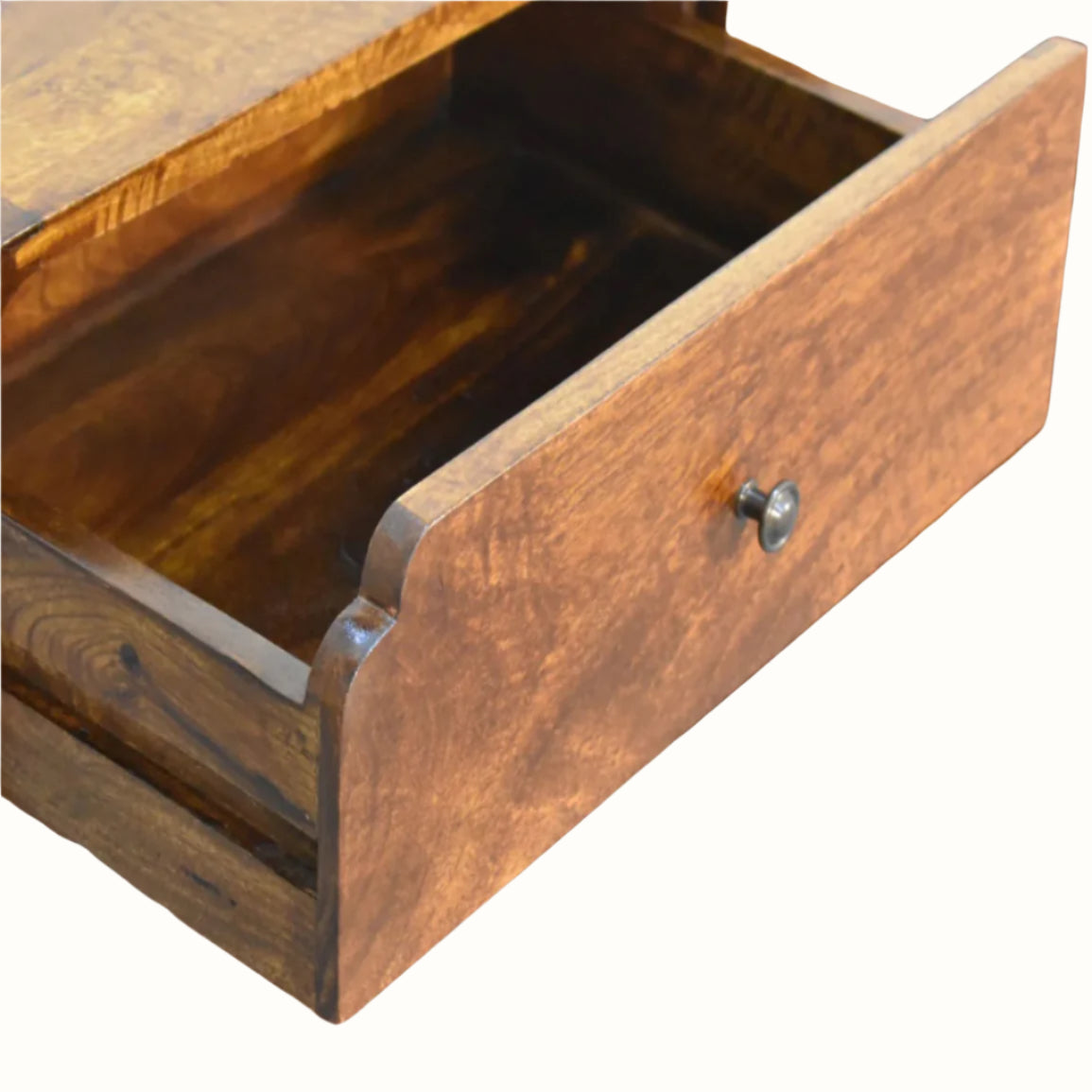 Wooden drawer with a metal knob on a white background